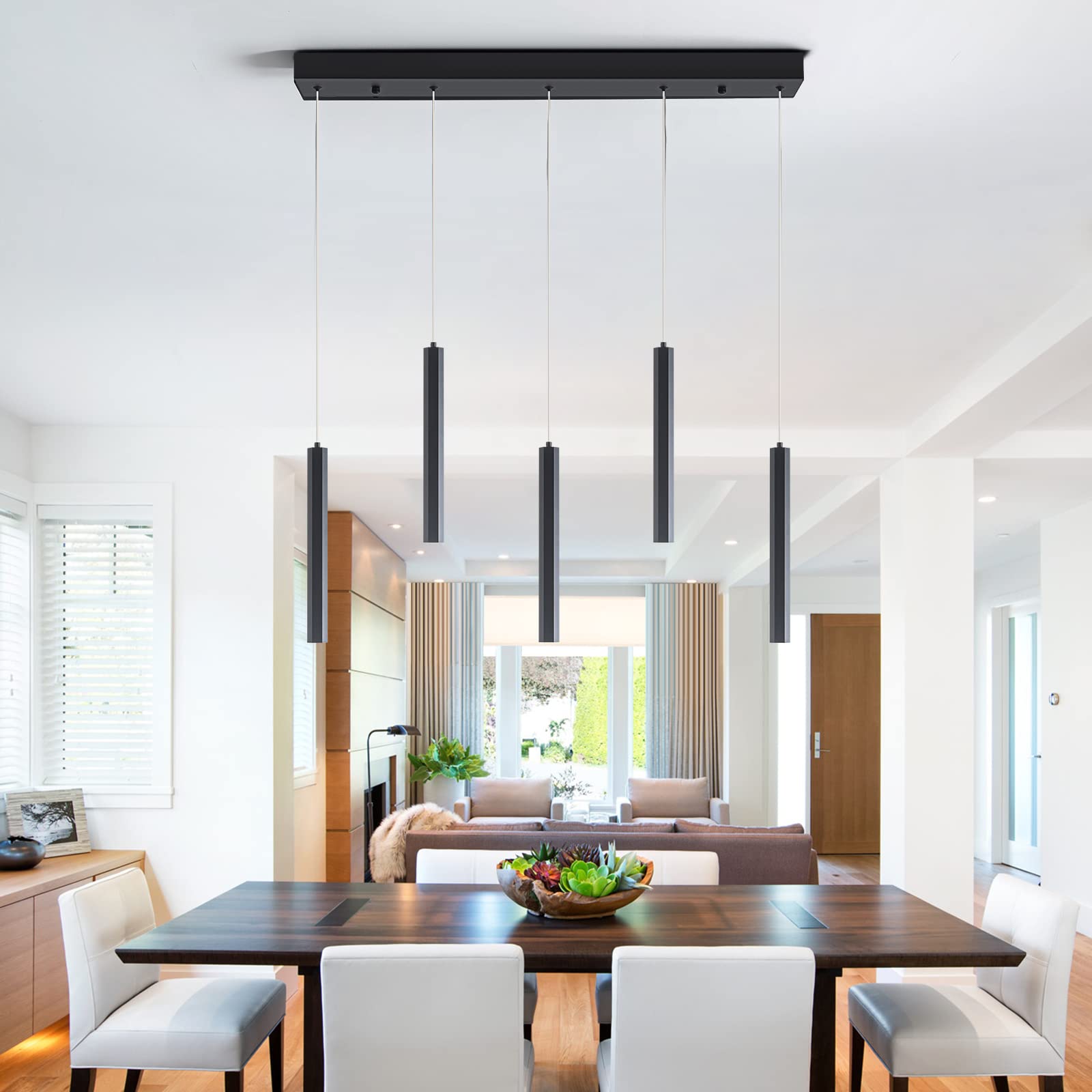 Modern Pendant Lighting 5-Light Linear Chandeliers Dimmable LED Pendant Lights Kitchen Island Lighting with Matte Black Finish and Acrylic Shades for Kitchen Island and Dining Room…