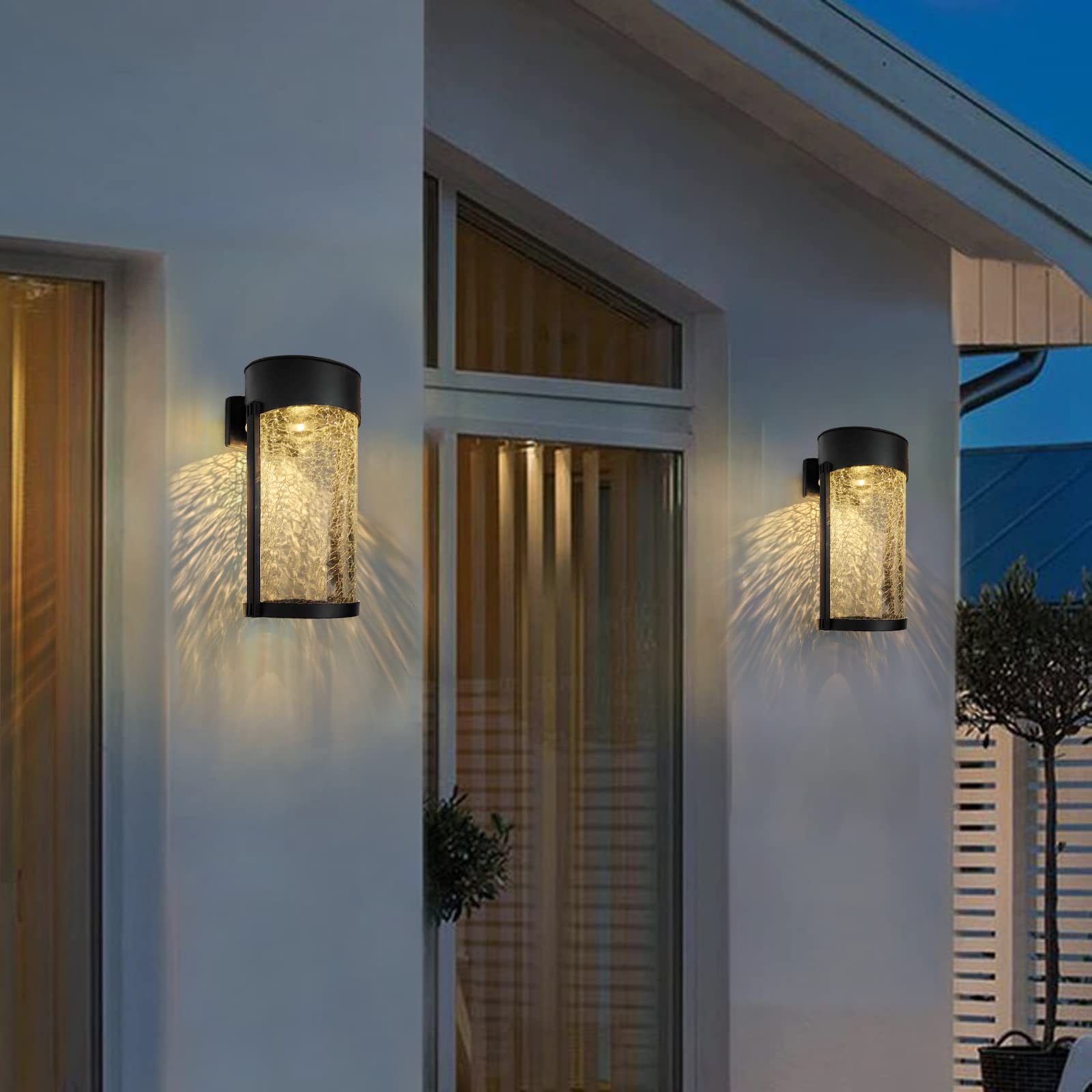 SUNNYPARK Solar Outdoor Wall Lights Fixture Set of 2 Porch Lights Crackled Glass Diffuser with Warm White LED