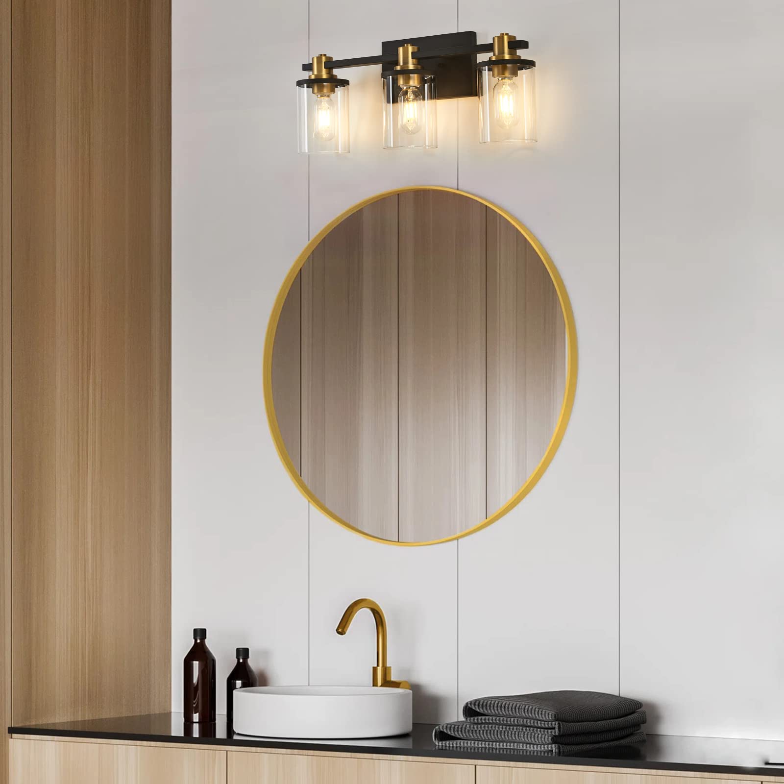 3 Light Bathroom Vanity Light, Black and Gold Bathroom Light Fixtures with Clear Glass Shade, Matte Black Finish, Brushed Gold Copper Accent Socket, Modern Gold Vanity Lights for Bathroom Over Mirror