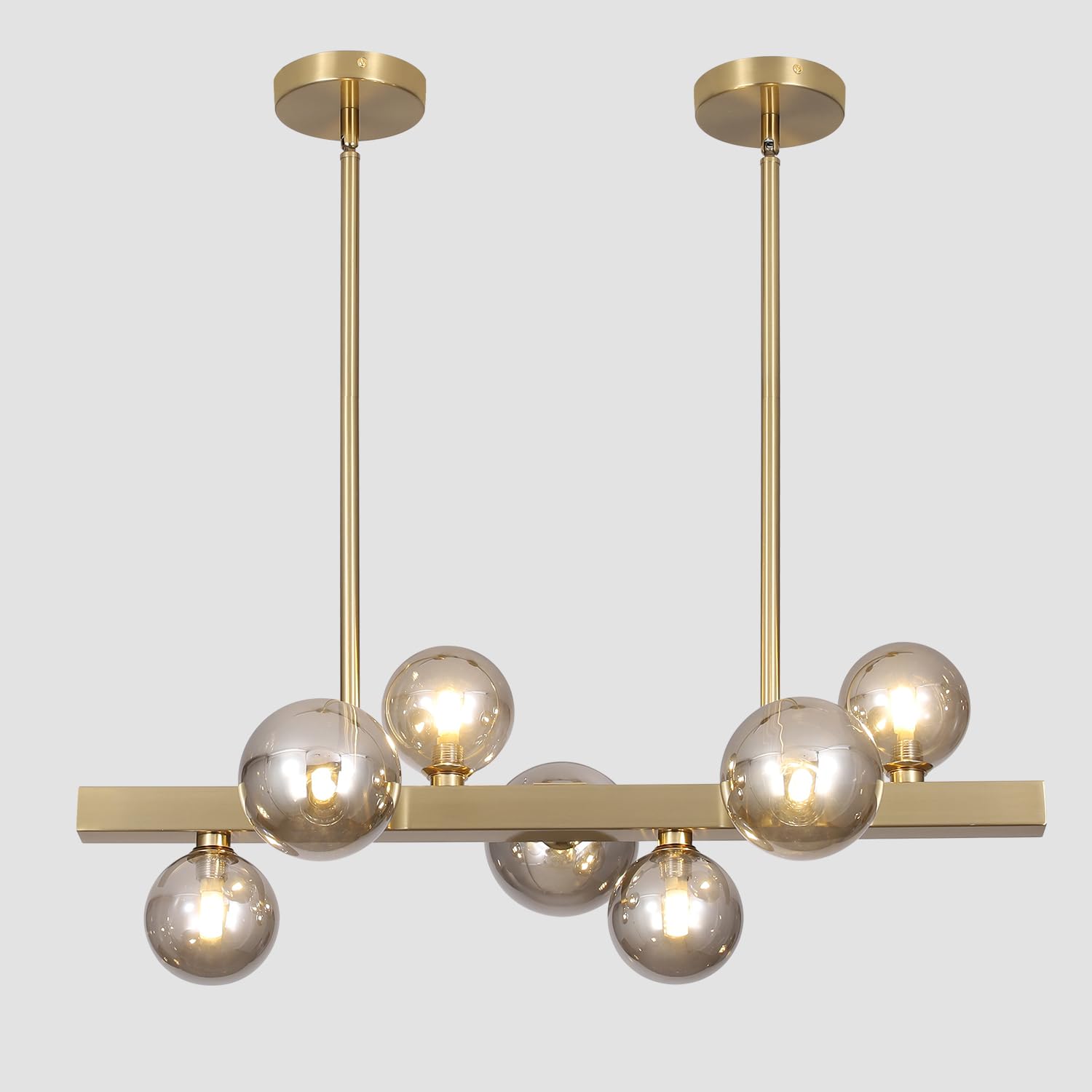 BOKT Modern Gold Chandelier 7-Lights Frosted Glass Globe Pendant Light Kitchen Island Linear Hanging Lighting Fixtures for Living Room Bedroom Dining Room Corridor