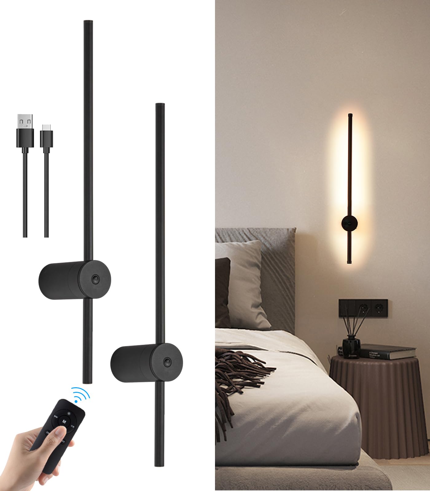 Battery Operated Wall Sconce Set of Two, USB Rechargeable LED Wall Lights with Remote Control, Dimmable Cordless Wall Lamp Indoor, 360° Rotation Reading Lamp for Living Room, Bedroom, Black - 23.62in