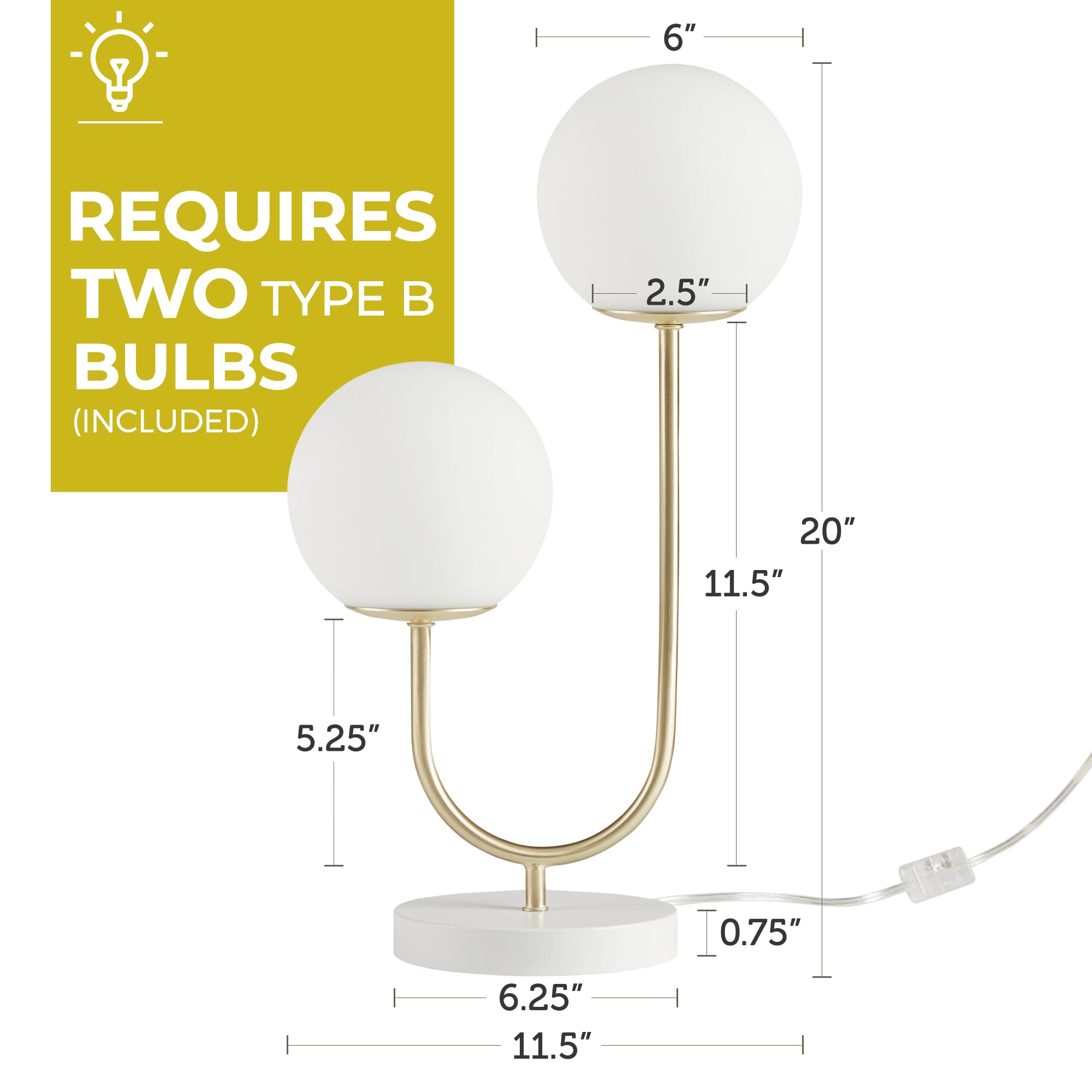 510 DESIGN Table Lamp for Bedroom - Metal Gold Nightstand Lamp, Frosted Glass Globes Modern Bedside Lamp w/White Base, Clear Polarized Cord & in Line Switch, Accent Lamp Decor, 20" H Gold/White