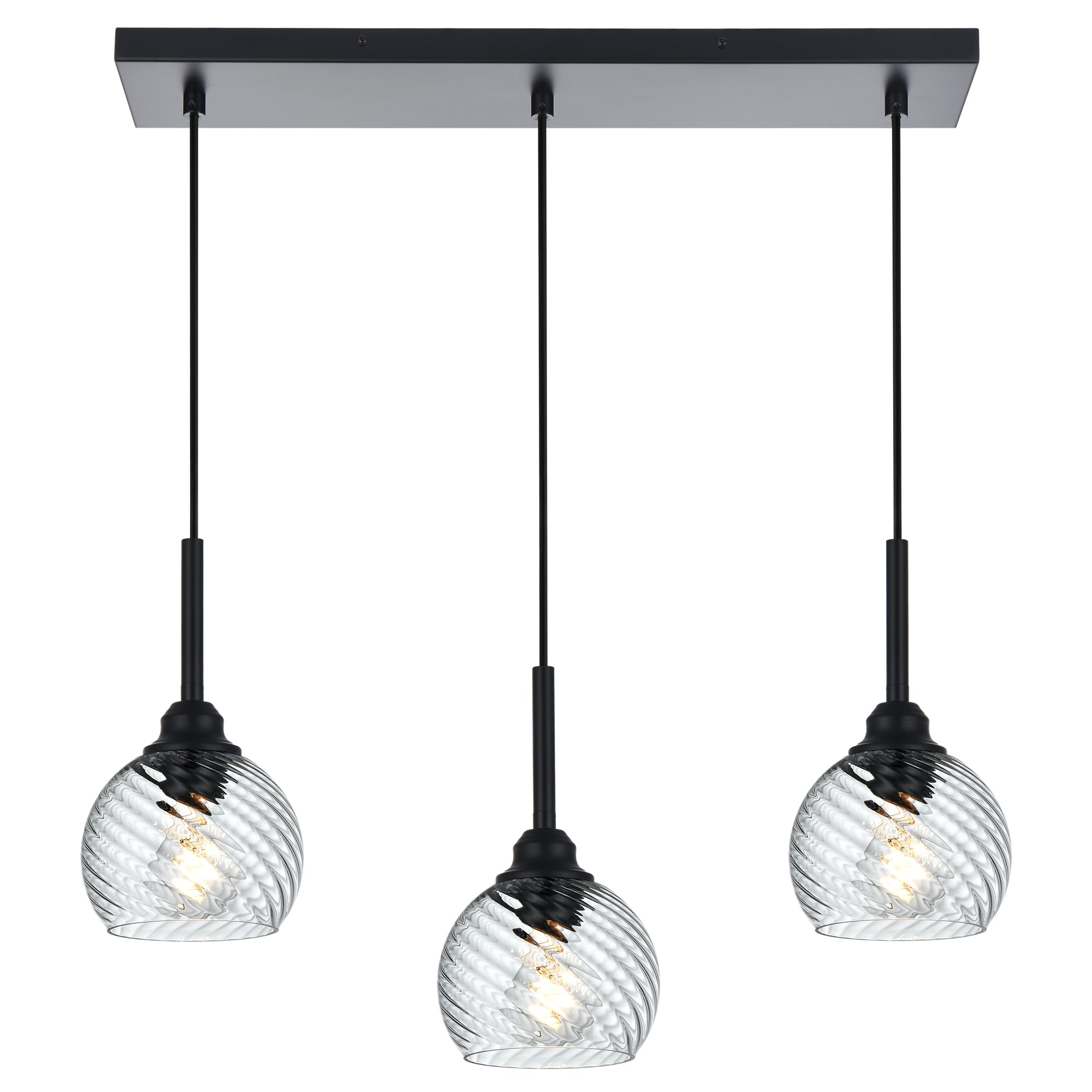 3 Light Island Lights for Kitchen with Striped Swirl Globe Glass, Black Linear Hanging Pendant Light Fixture Farmhouse Chandelier for Dining Room Bar Living Room