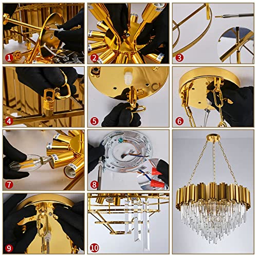 Modern K9 Crystal Pendant Lighting, Round Gold Crystal Chandelier Contemporary Luxury Pendant Ceiling Lighting Fixture for Dining Living Room Kitchen Island, Antique Gold