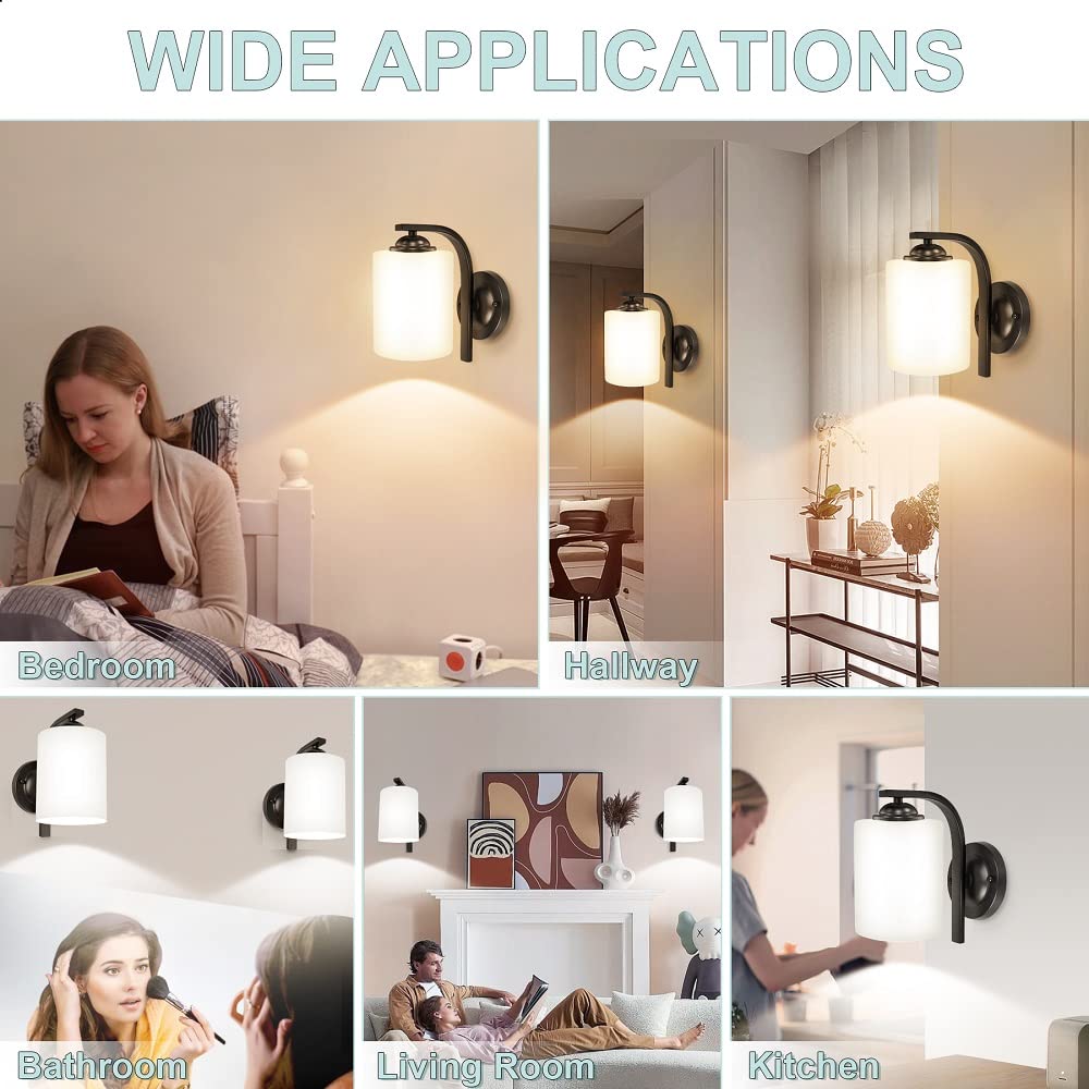 Wall Sconce 1 Light, Modern Wall Light Fixture, Bathroom Vanity Lights with Matte Black Wall Lamp for Bedroom Kitchen Hallway Porch, Milky White Glass Shades, E26 Socket, Bulbs Not Included