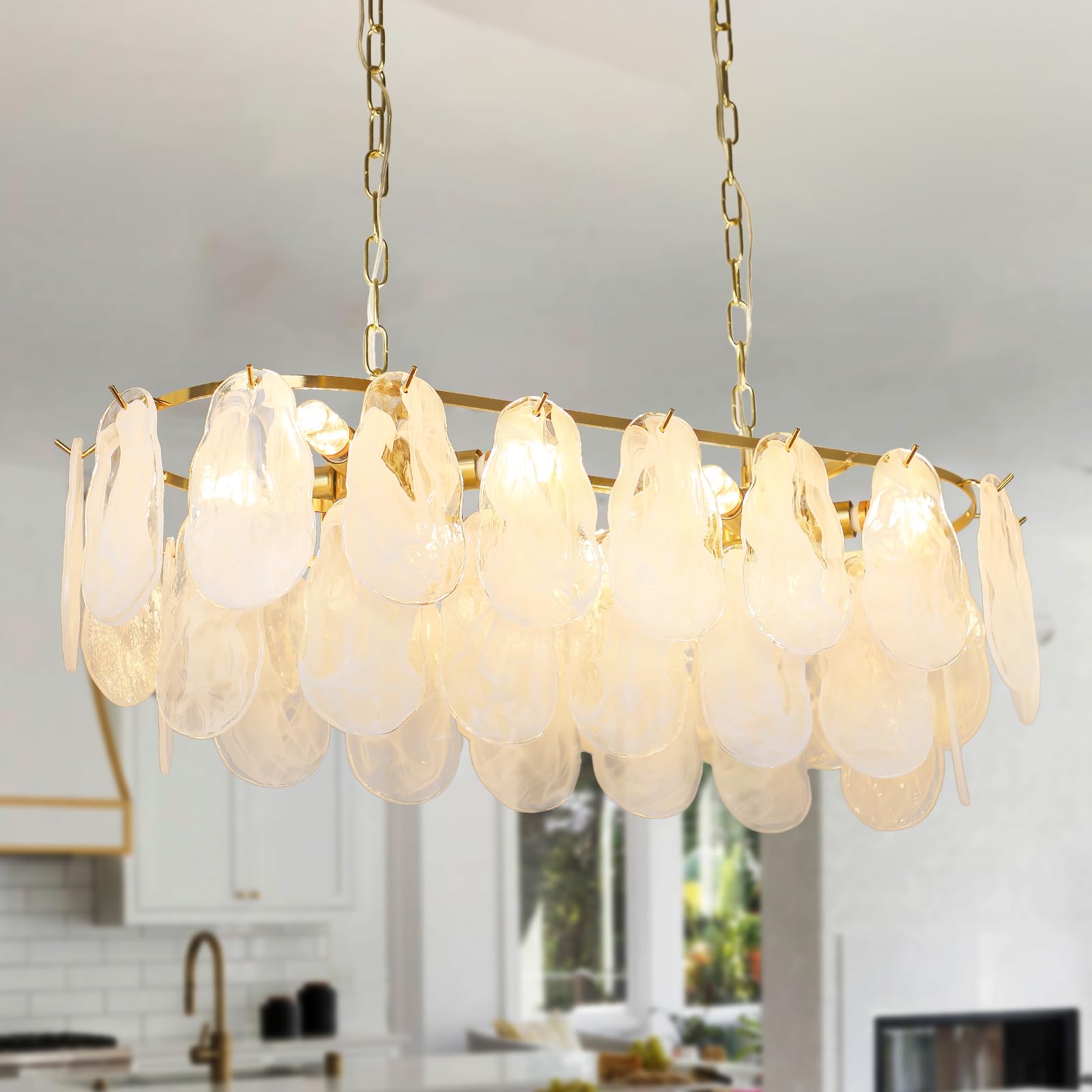 Rectangle Crystal Chandelier: 8-Light Modern Gold Linear Crystal Chandelier - 31.5" Retangular Pendant Light Fixtures for Dining Room Kitchen Island, Included LED