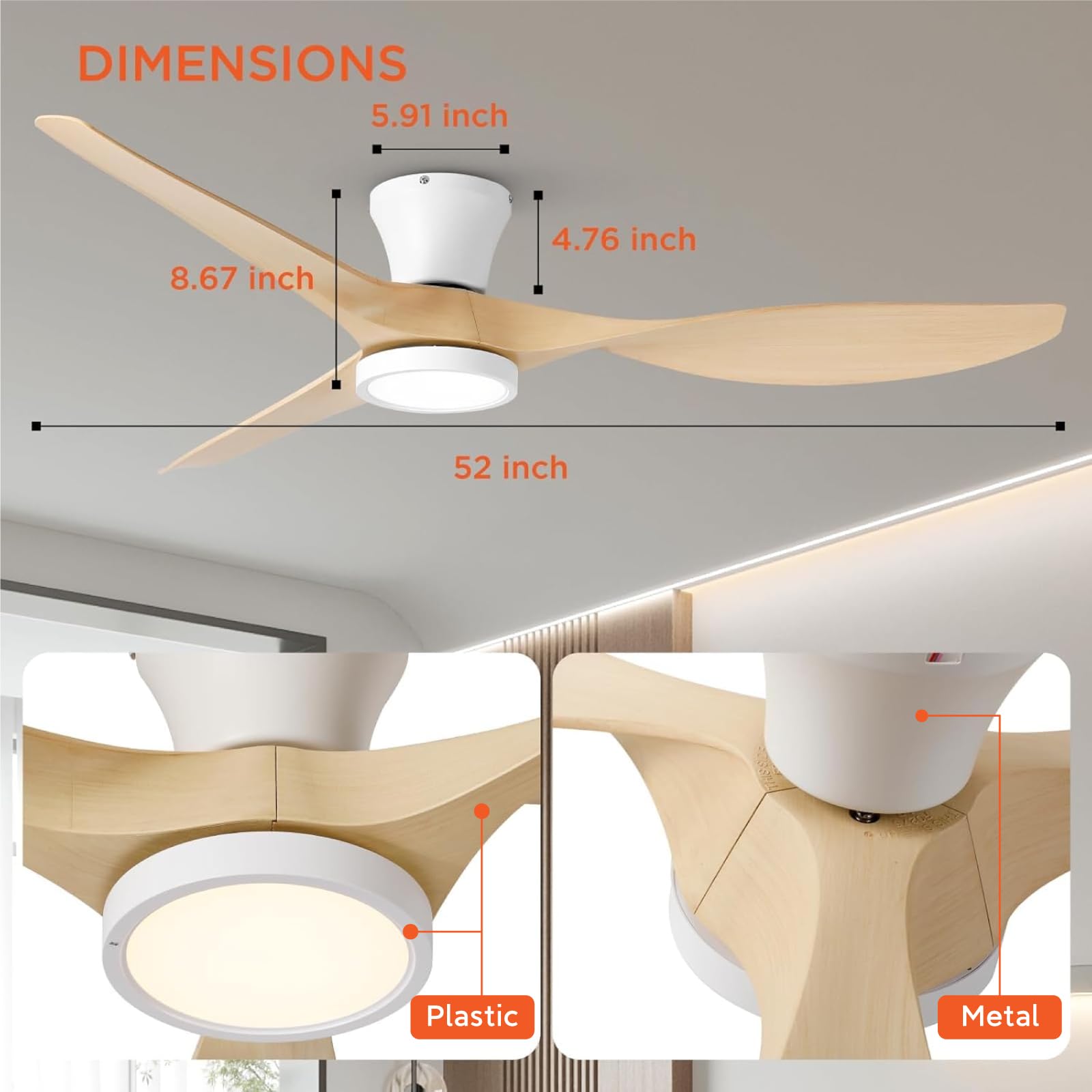 52 inch Ceiling Fans with Lights Remote Control, Modern Low Profile Ceiling Fan with Quiet Reversible DC Motor for Bedroom Living Room and Patio White