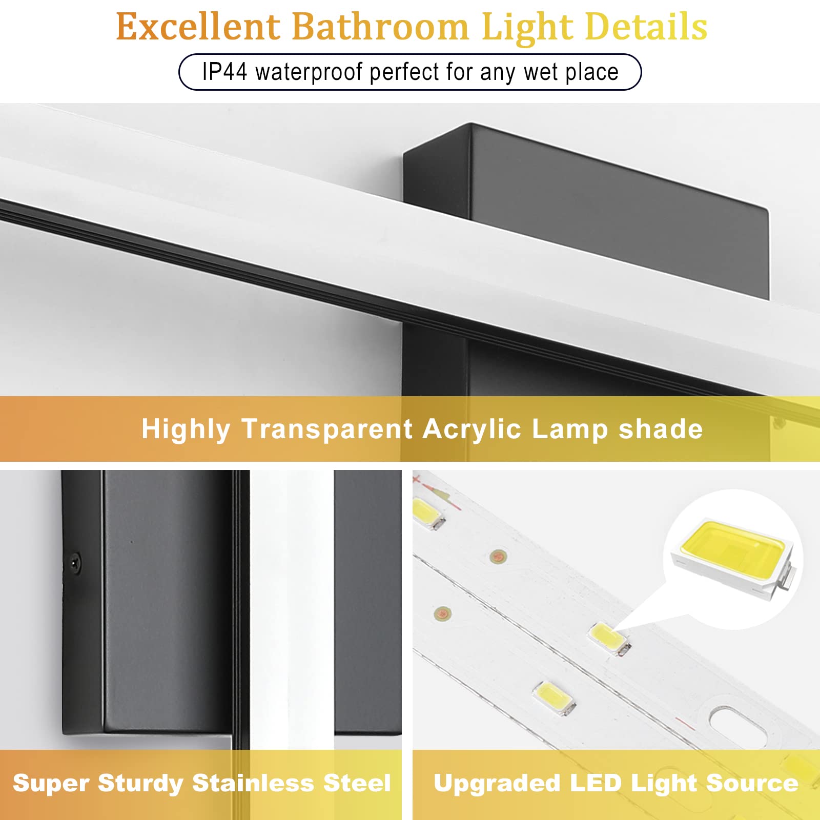 LED Bathroom Vanity Light Bar 16 Inch 9W Black IP44 Over Mirror Lighting Fixture Wall Sconce Indoor Modern Cool White 6000K