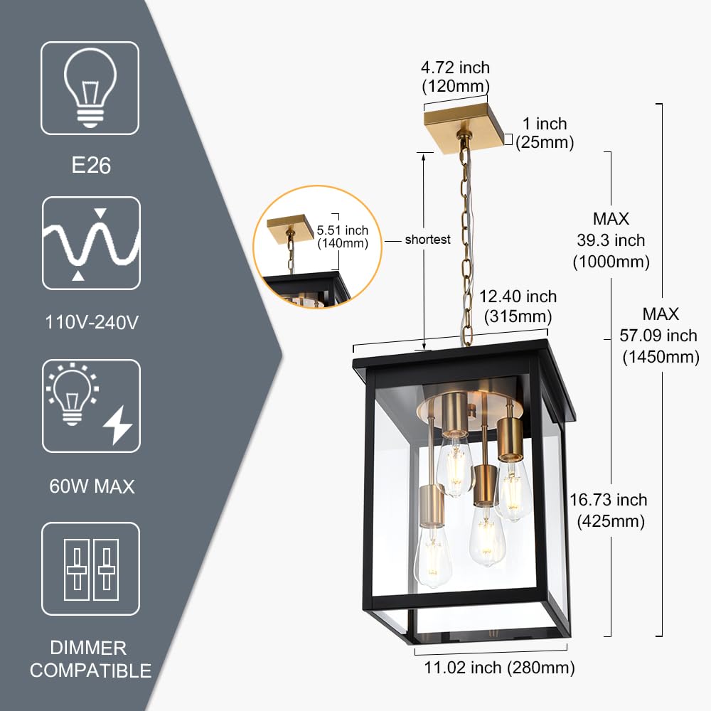 Large Outdoor Pendant Light Fixtures, 4-Lights Black Exterior Ceiling Hanging Lanterns with Clear Glass, Farmhouse Outdoor Chandelier for Front Door Entry Patio