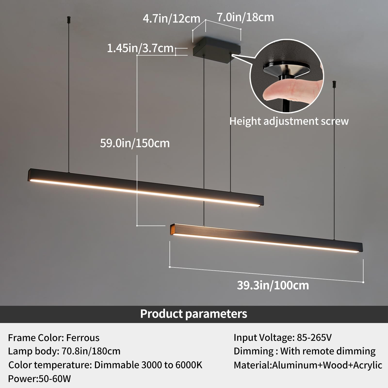 Wooden Linear Pendant Light, 47" Dimmable Pool Table Island Lights for Kitchen, LED Ceiling Pendant Lamp for Dining Room Billiard Room, Adjustable Height，Natural Ash