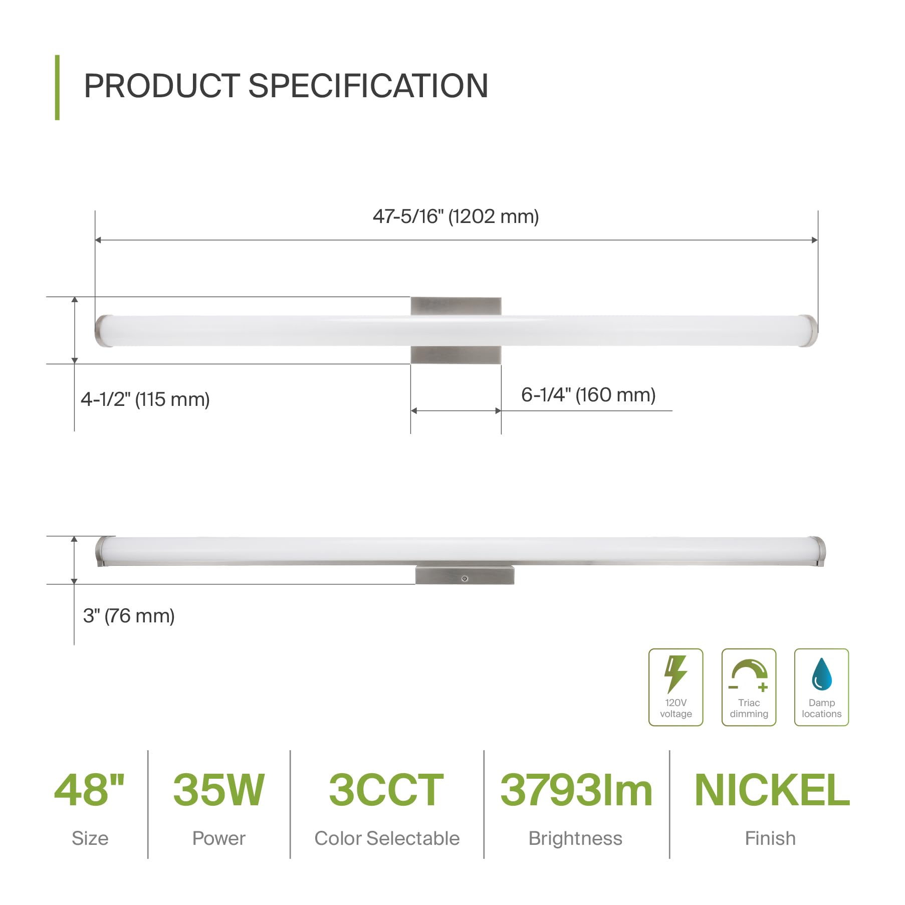 LED 18 Inch Wall Mount Vanity Lighting Fixture | 20W 1500LM 3000K-5000K 120V | 3CCT, Dimmable, Energy Star, ETL Listed | Bathroom Linear Light Bar, Long Tube Bath Sconce | Nickel