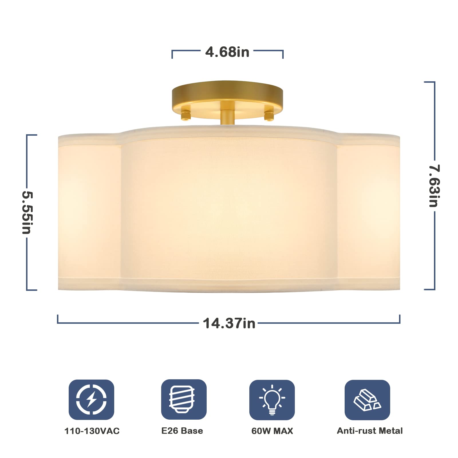 4-Light Semi Flush Mount Ceiling Light Fixture, Gold Modern Close to Ceiling Lamp with White Fabric Shade, Farmhouse Bright Lighting Brass Finish for Nursery Kids Room Bedroom Kitchen Hallway Entryway