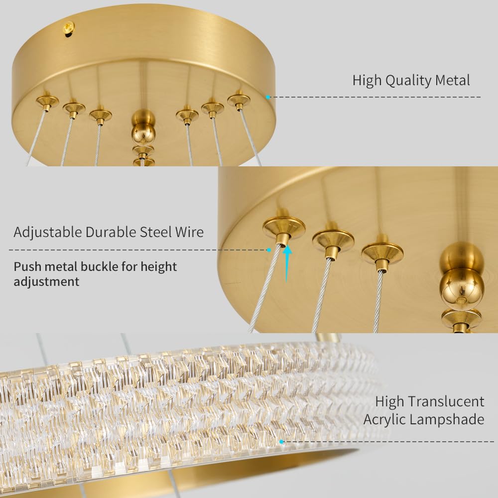 Modern LED Chandelier Dimmable 2 Ring Gold Pendant Light Acrylic 34W 4000K Height-Adjustable Modern Chandelier for Dining Room Living Room Bedroom Kitchen Island Foyer Stairway