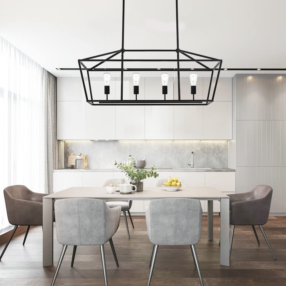 Modern 4 Light Farmhouse Chandelier Gold Linear Kitchen Island Pendant Light Traditional Rectangular Dining Room Lighting Fixture Hanging Metal Cage Pendant Lamp for Hallway Foyer