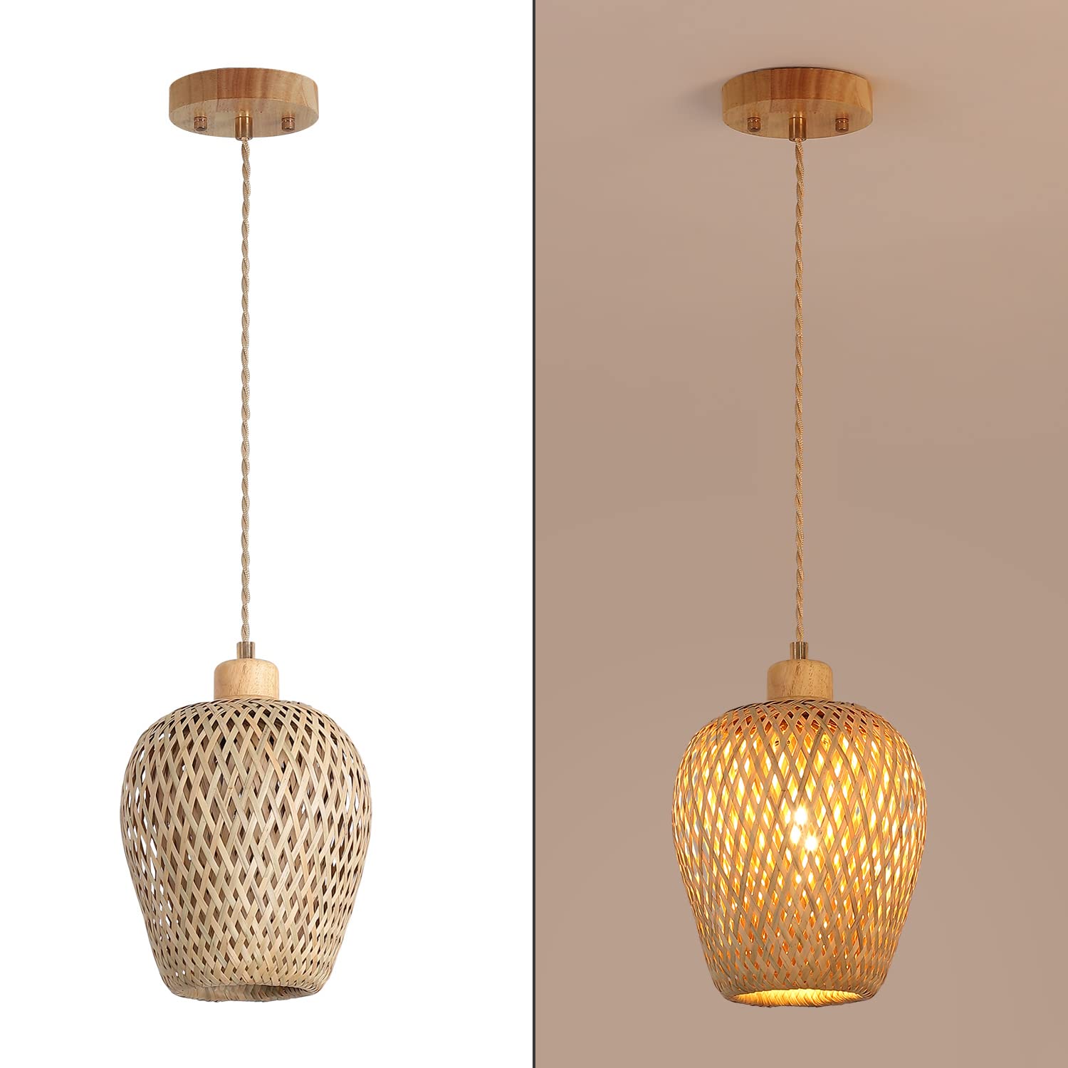 Bamboo Pendant Light Fixture One-Light Adjustable Boho Basket Handmade Woven Mini Pendant Lighting for Kitchen Island Sink Farmhouse Home