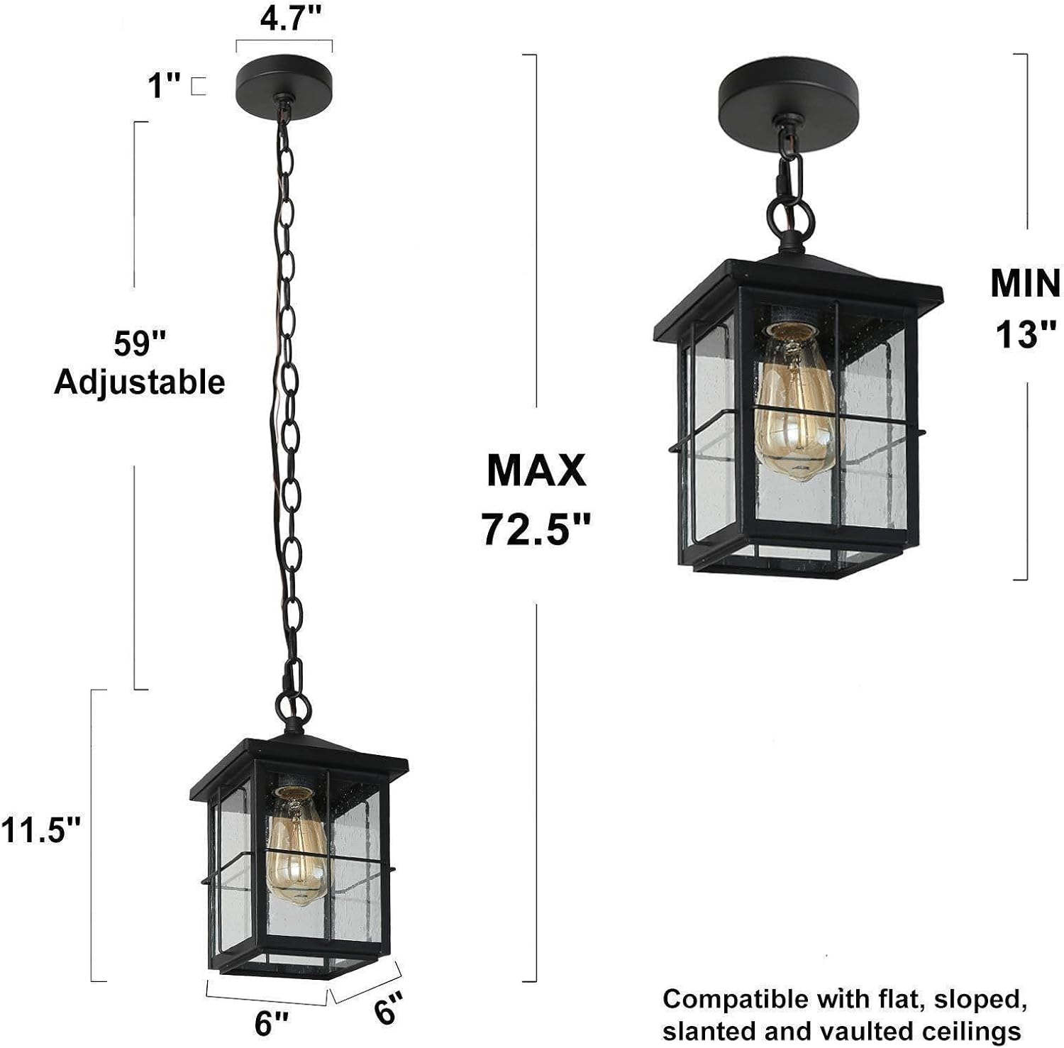 Outdoor Pendant Light Fixture, Farmhouse Exterior Hanging Lights with Adjustable Chain, Black Ceiling Outdoor Light with Seeded Glass, Square Hanging Lantern for Front Door, Entry, Porch, and Gazebo