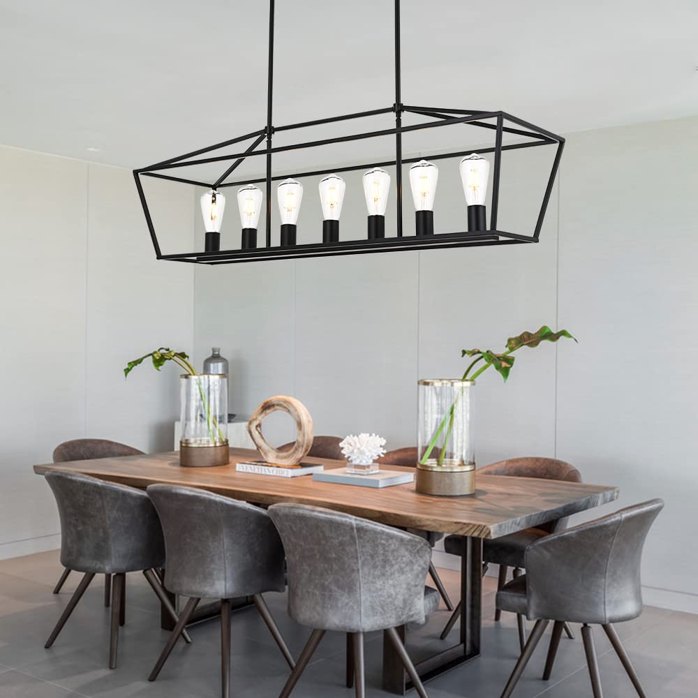 5 Light Modern Kitchen Island Light in Gold Finish,Industrial Hanging Pendant Lighting Fixture with Metal Frame Linear Lantern Chandelier for Dining Room Foyer Cafe Bar