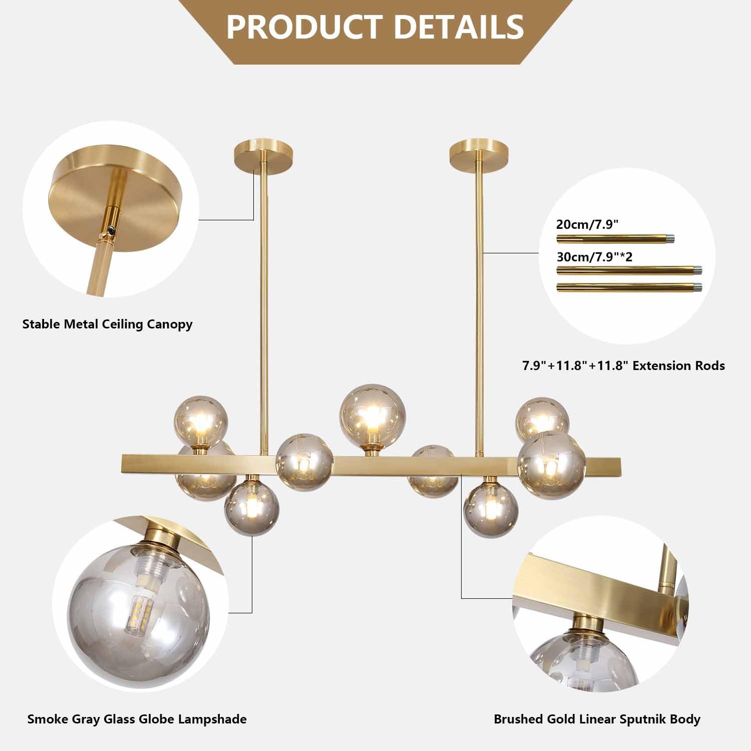 BOKT Modern Gold Chandelier 7-Lights Frosted Glass Globe Pendant Light Kitchen Island Linear Hanging Lighting Fixtures for Living Room Bedroom Dining Room Corridor