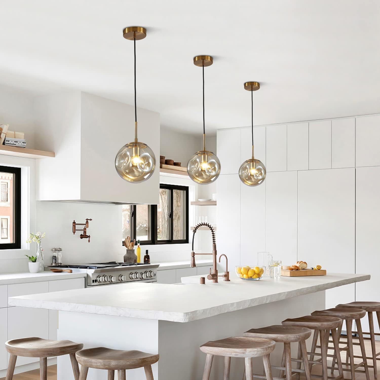 BOKT Modern Gold Kitchen Island Pendant Light Mid Century 3-Lights Globe Pendant Light Fixture Cluster Multi Light Pendant Lighting Bedside Glass Ball Pendant Lamp