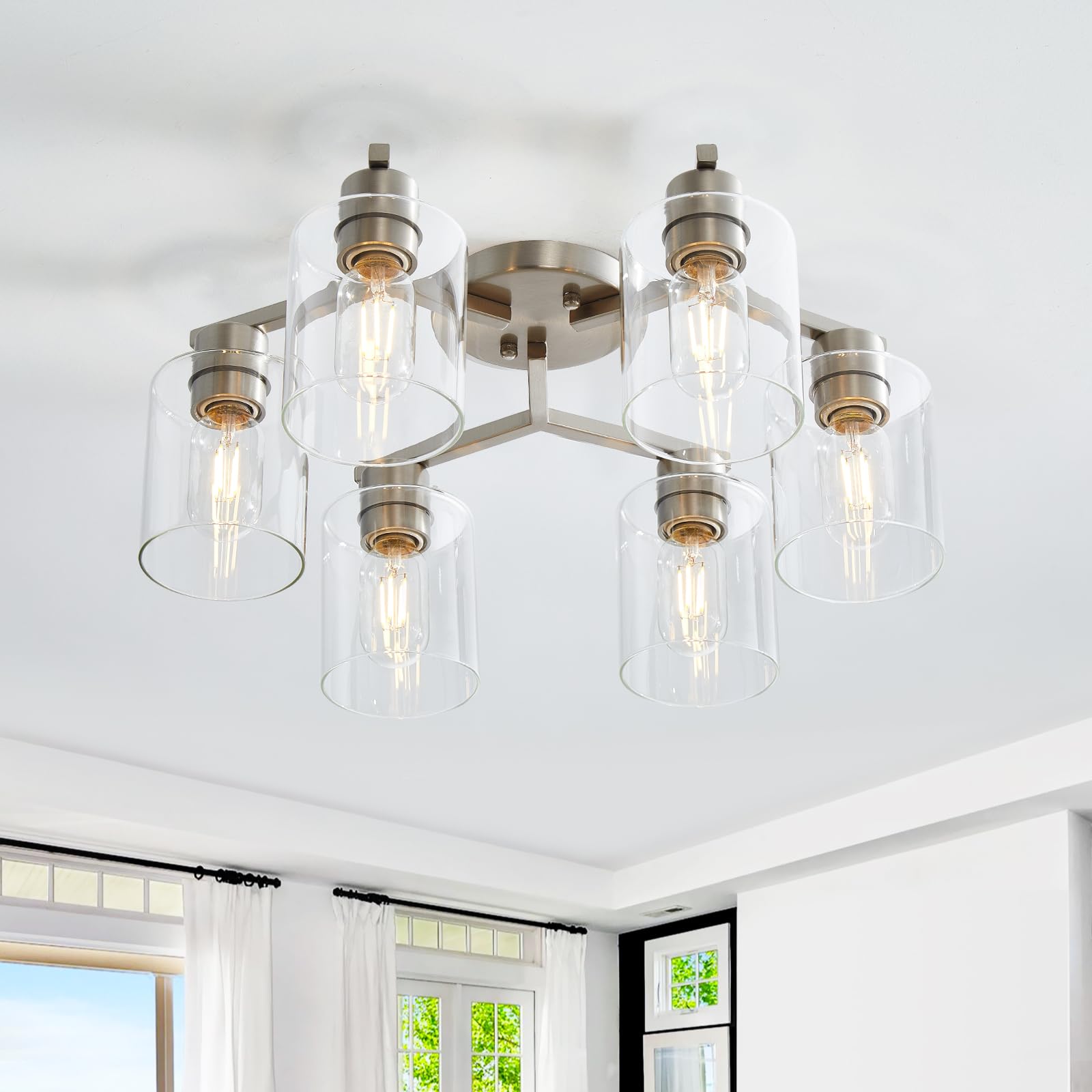 6 Light Semi Flush Mount Ceiling Light, Kitchen Lighting Fixtures Ceiling, Industrial Black Ceiling Light Fixtures with Clear Glass Shade for Hallway, Foyer, Farmhouse, Bedroom, Living Room