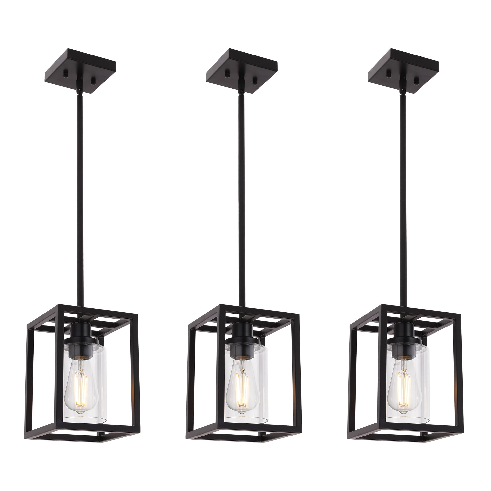 MELUCEE Black Chandeliers Rectangle 5 Lights Dining Room Lighting Fixtures Hanging Over Table, Kitchen Island Lighting Linear Pendant Light Ceiling with Clear Glass Shade and Brushed Brass Socket