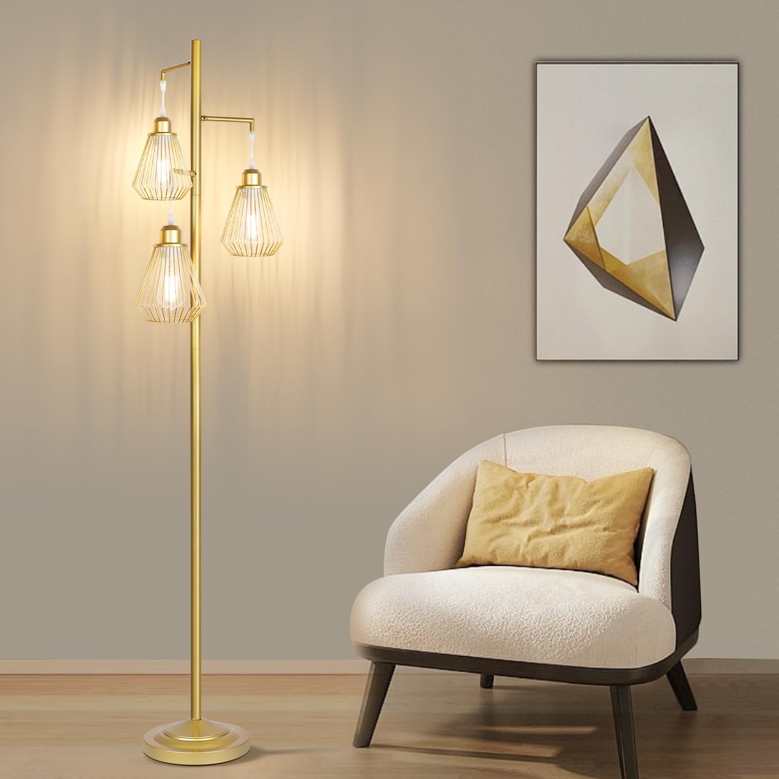 Industrial Floor Lamps for Living Room, Tree Standing Lamp with 3 Teardrop Cage Shades, 68" Modern Tall Lamps for Bedroom Office Home Light Decor, E26 Socket, Pedal Switch, Brass Gold