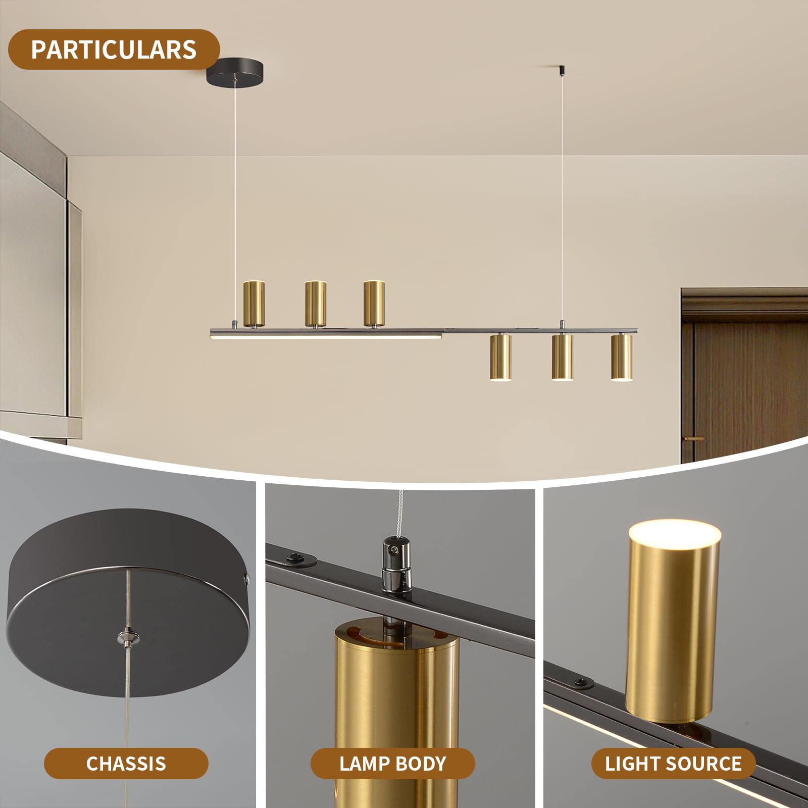 Pendant Light Fixtures, Dimmable Modern LED Chandelier Lighting with Spotlights, Adjustable Linear Hanging Pendant Light for Kitchen Island Dining Room Living Room (Black,Gold 30W)