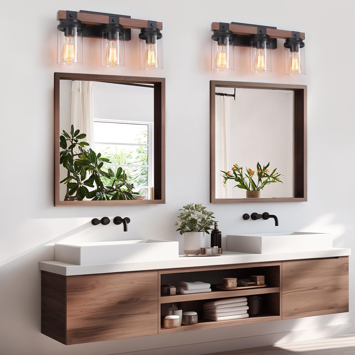 2-Light Farmhouse Vanity Lights for Bathroom, Rustic Bathroom Light Fixtures with Pretty Glass Shade, Black Industrial Wood Grain Wall Sconce for Bathroom Hallway Bedroom