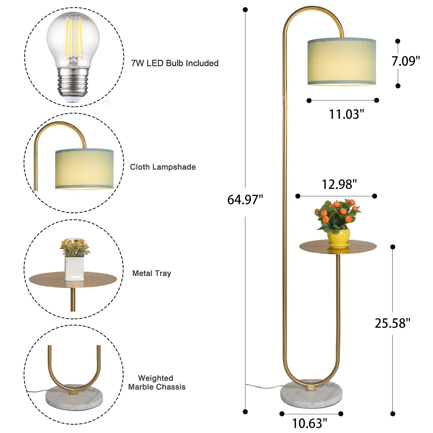 Floor Lamp with Hanging Drum Shade for Living Room-Marble Base Modern Tall Stand Up Light with Table, Contemporary Over The Couch Gold Lamp Standing Lamps for Bedroom Office