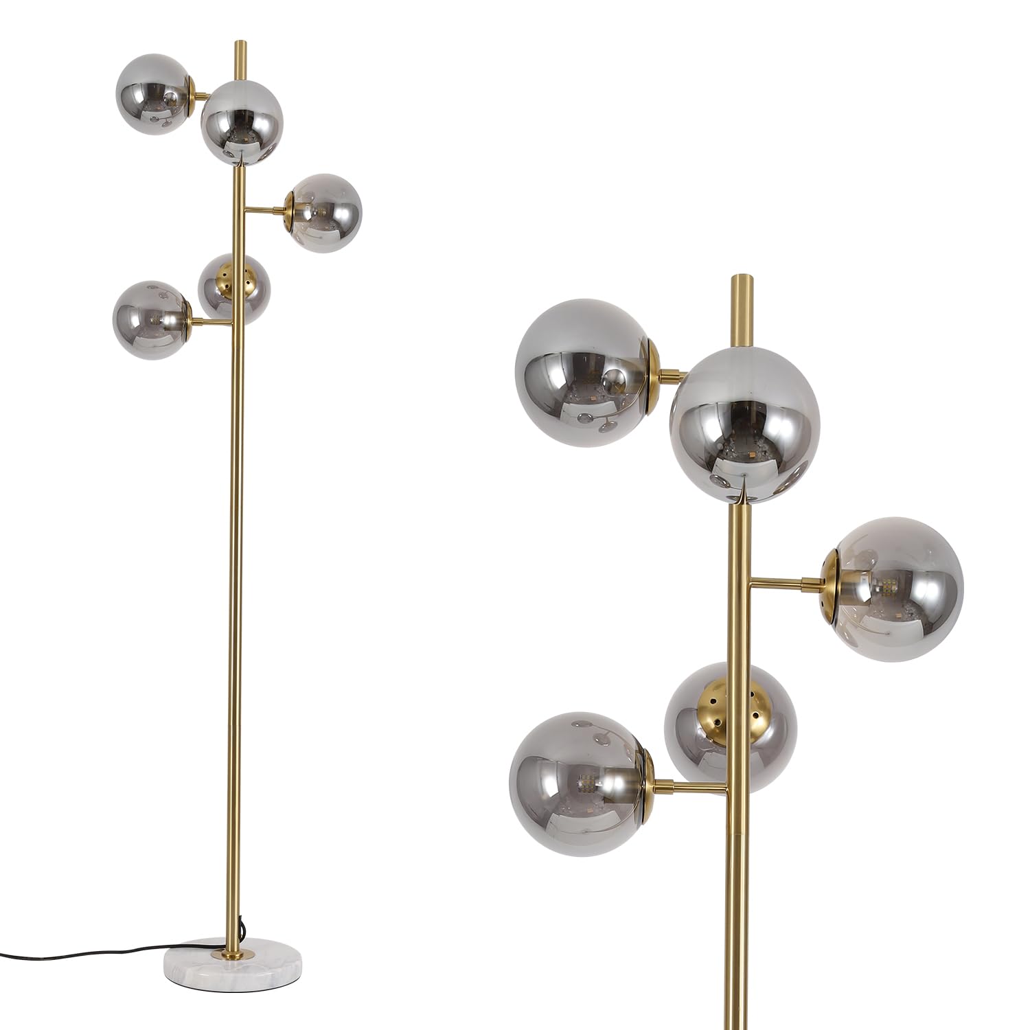 Lighting 5-Light Frosted White Glass Globe Floor Lamp Mid Century Modern Gold Tall Pole Standing Light LED Standing Lamps with Foot Switch for Home Office (Gold)