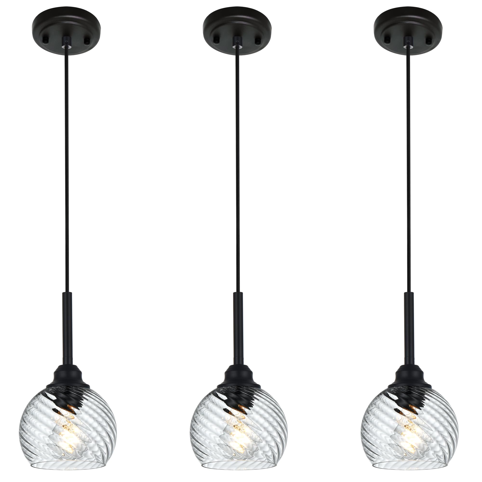 3 Light Island Lights for Kitchen with Striped Swirl Globe Glass, Black Linear Hanging Pendant Light Fixture Farmhouse Chandelier for Dining Room Bar Living Room