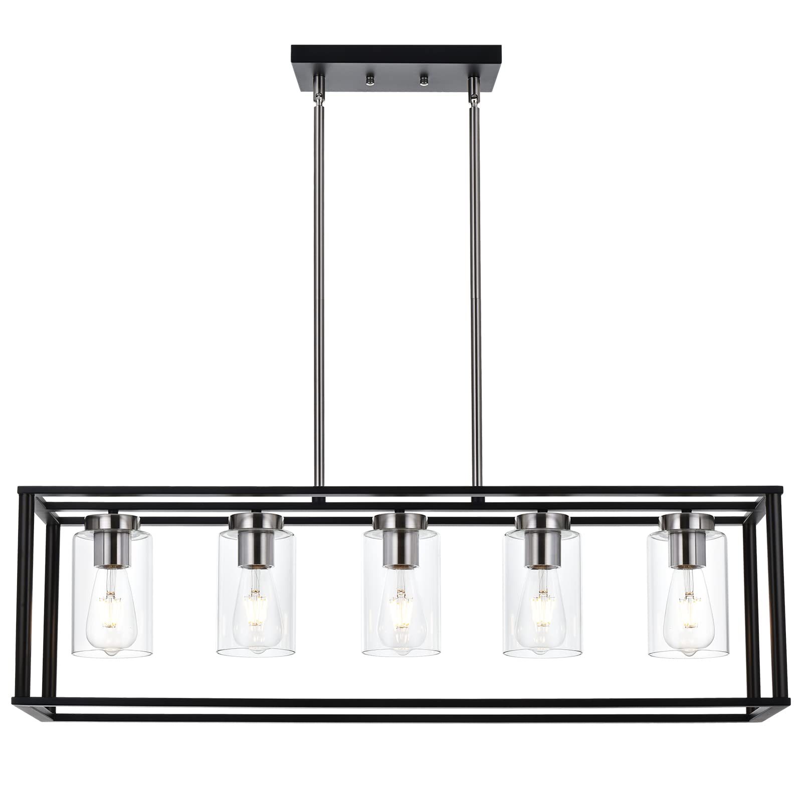 VINLUZ Contemporary Chandeliers Brushed Nickel 5 Light Modern Dining Room Lighting Fixtures Hanging, Kitchen Island Linear Pendant Lights Farmhouse Flush Mount Ceiling Light with Glass Shade