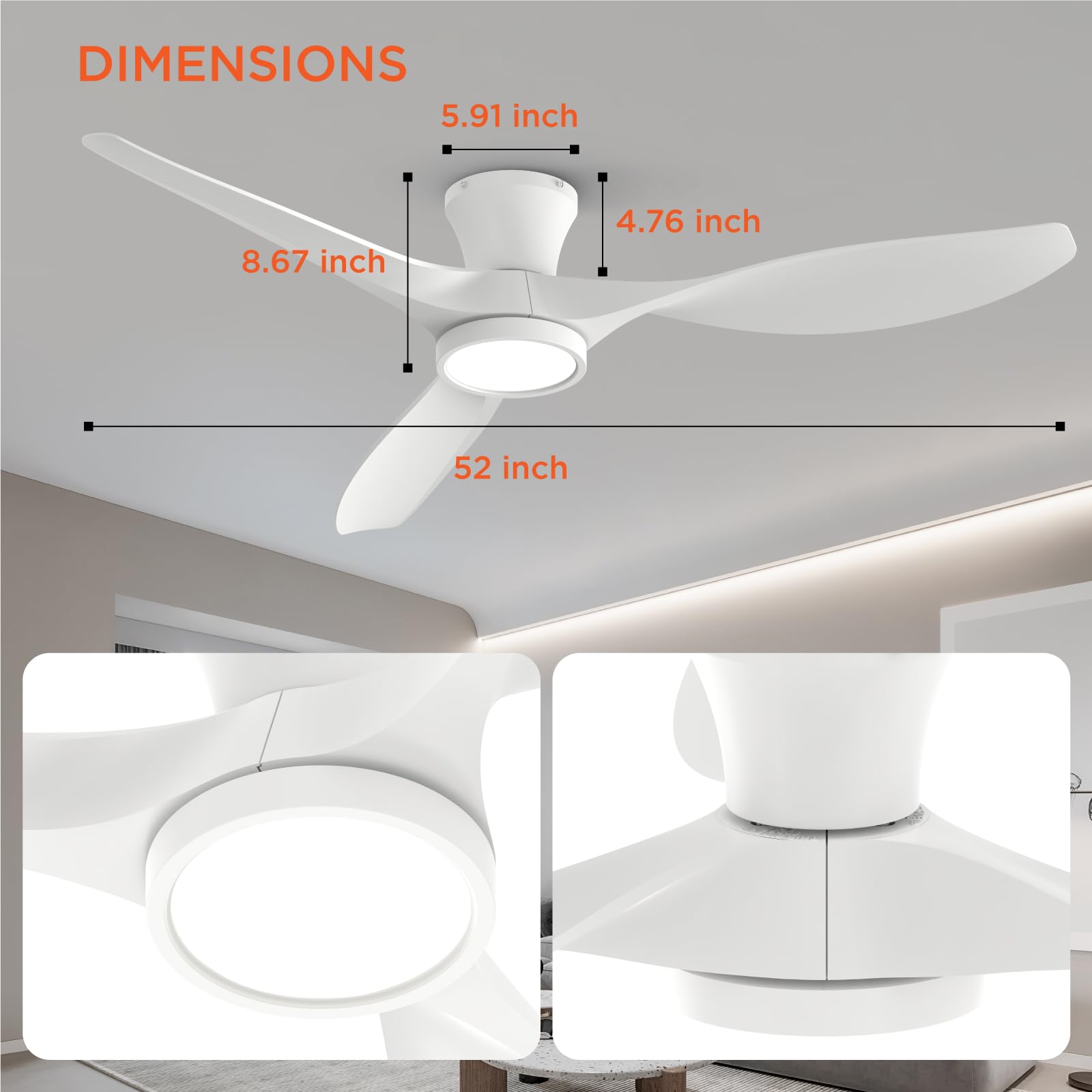 52 inch Ceiling Fans with Lights Remote Control, Modern Low Profile Ceiling Fan with Quiet Reversible DC Motor for Bedroom Living Room and Patio White