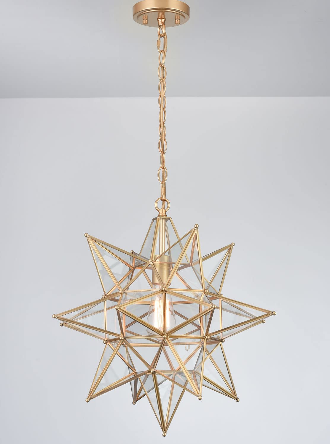 Moravian Star Pendant Light 20-Inch Large Hanging Ceiling Light Modern Gold Finish with Seeded Glass Adjustable Chain