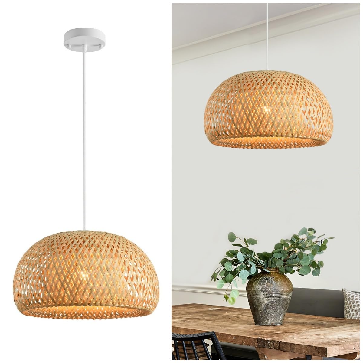 Boho Bamboo Pendant Light, 23.64in Bohemian Hand-Woven Rattan Chandelier Coastal Wicker Lighting Fixtures Hanging Lamp for Kitchen Island Dining Living Room Restaurants Bedroom