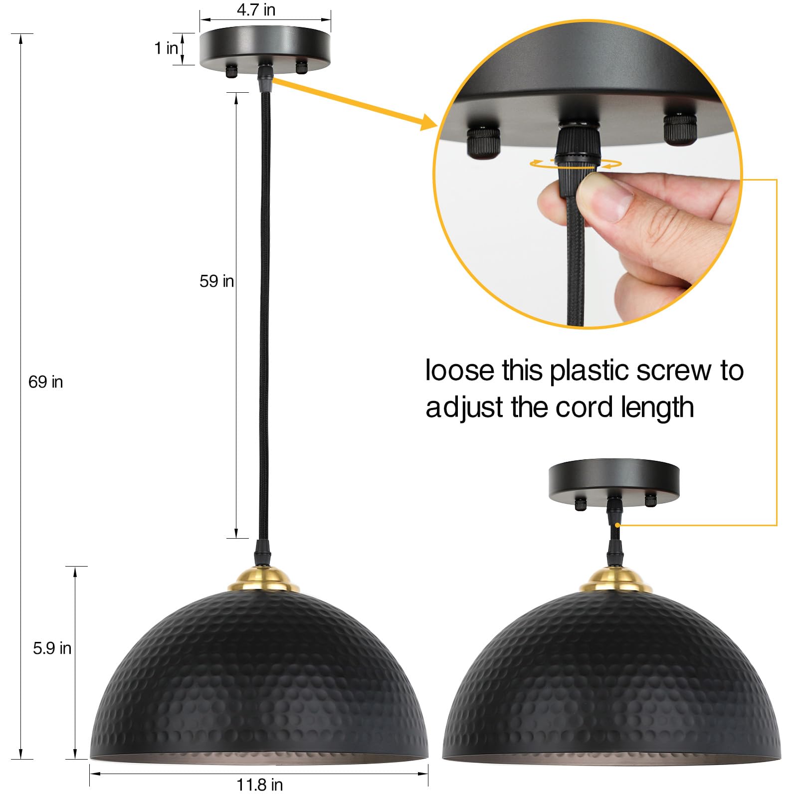 Pendant Lights Kitchen Island, 2 Pack Industrial Pendant Light Fixtures Ceiling Hanging with Hammered Metal Shade, Black Pendant Lighting with Gold Lined, Height Adjustable