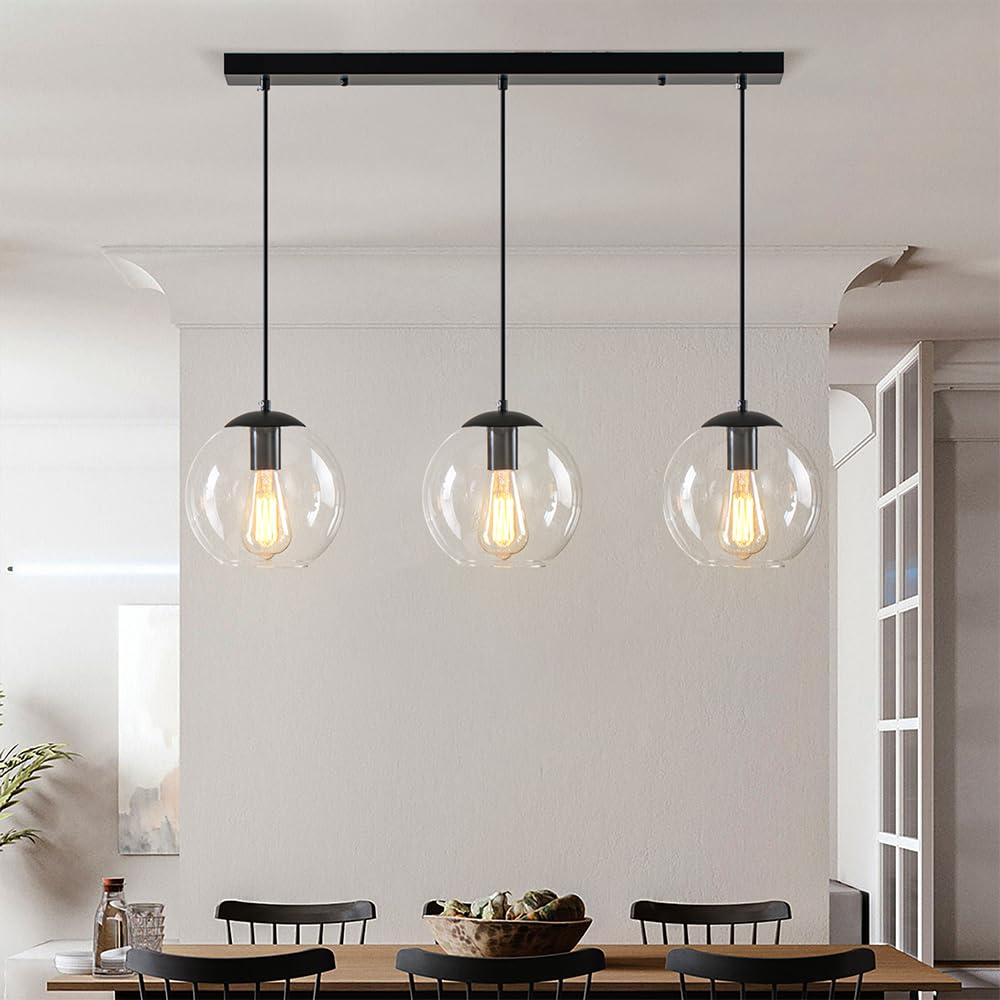 Globe Pendant Light, Modern Hanging Lighting Fixture, Classic Cluster Chandelier with Clear Glass Shades(Black, 3 Lights, 27.6 Inch)