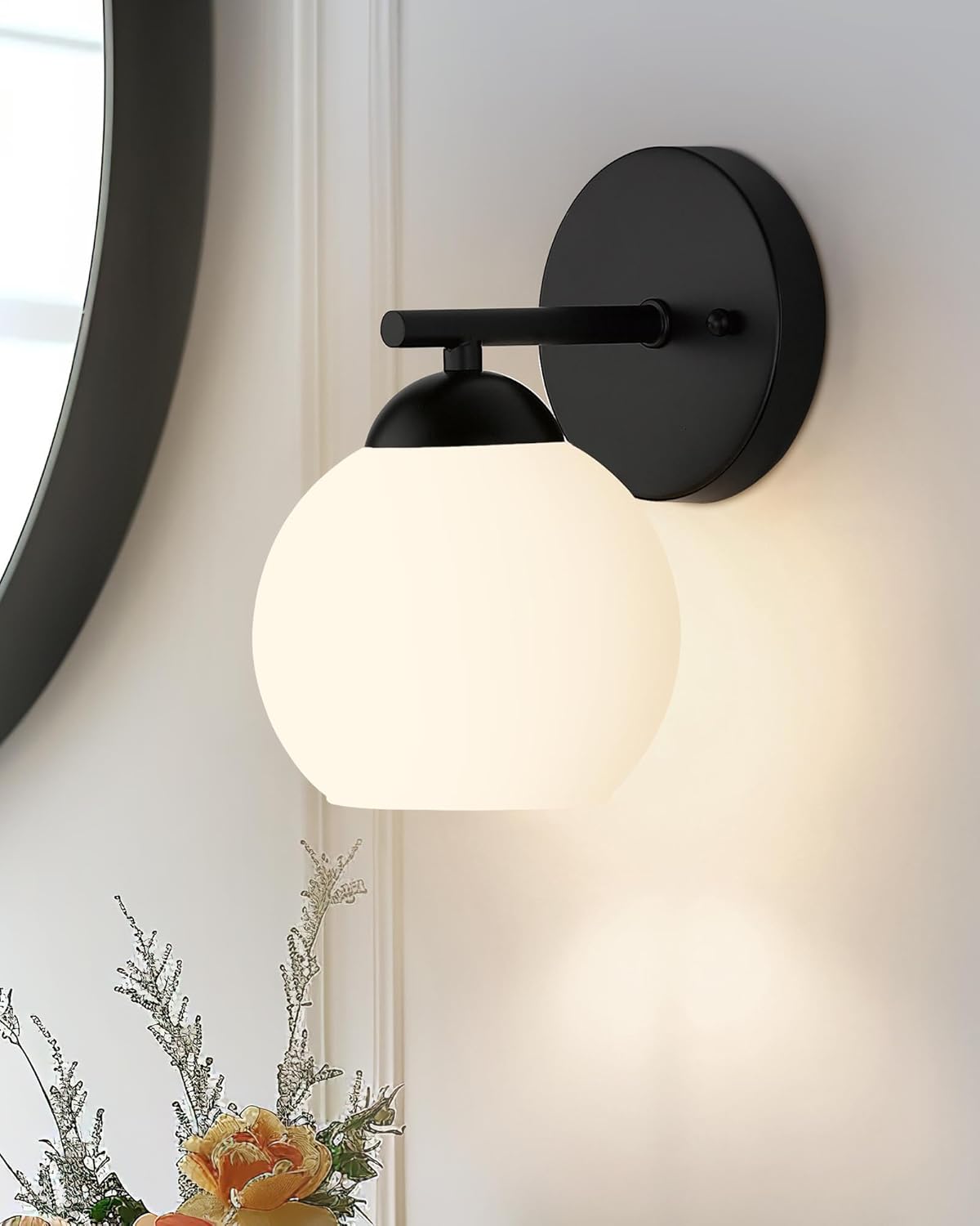 Black Vanity Lights for Mirror, Modern Farmhouse 2-Light Bathroom Light Fixtures Globe Bathroom Vanity Light with Milk Glass Shade, VL114-BK-ML-2