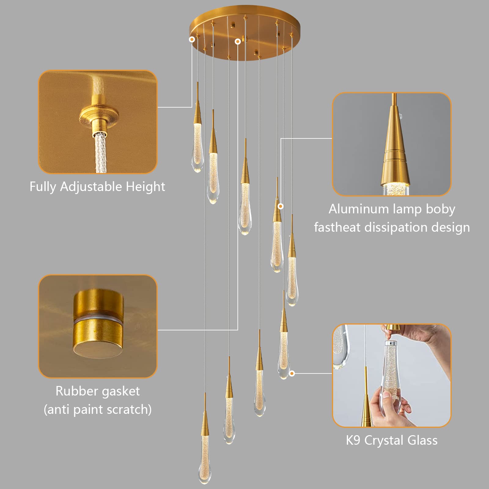 Kitchen Light Fixtures Ceiling Dimmable LED Modern Gold Pendant Light Mini Teardrop Crystal Pendant Light for Kitchen Island Bedroom Hallway Entryway (5-Light)