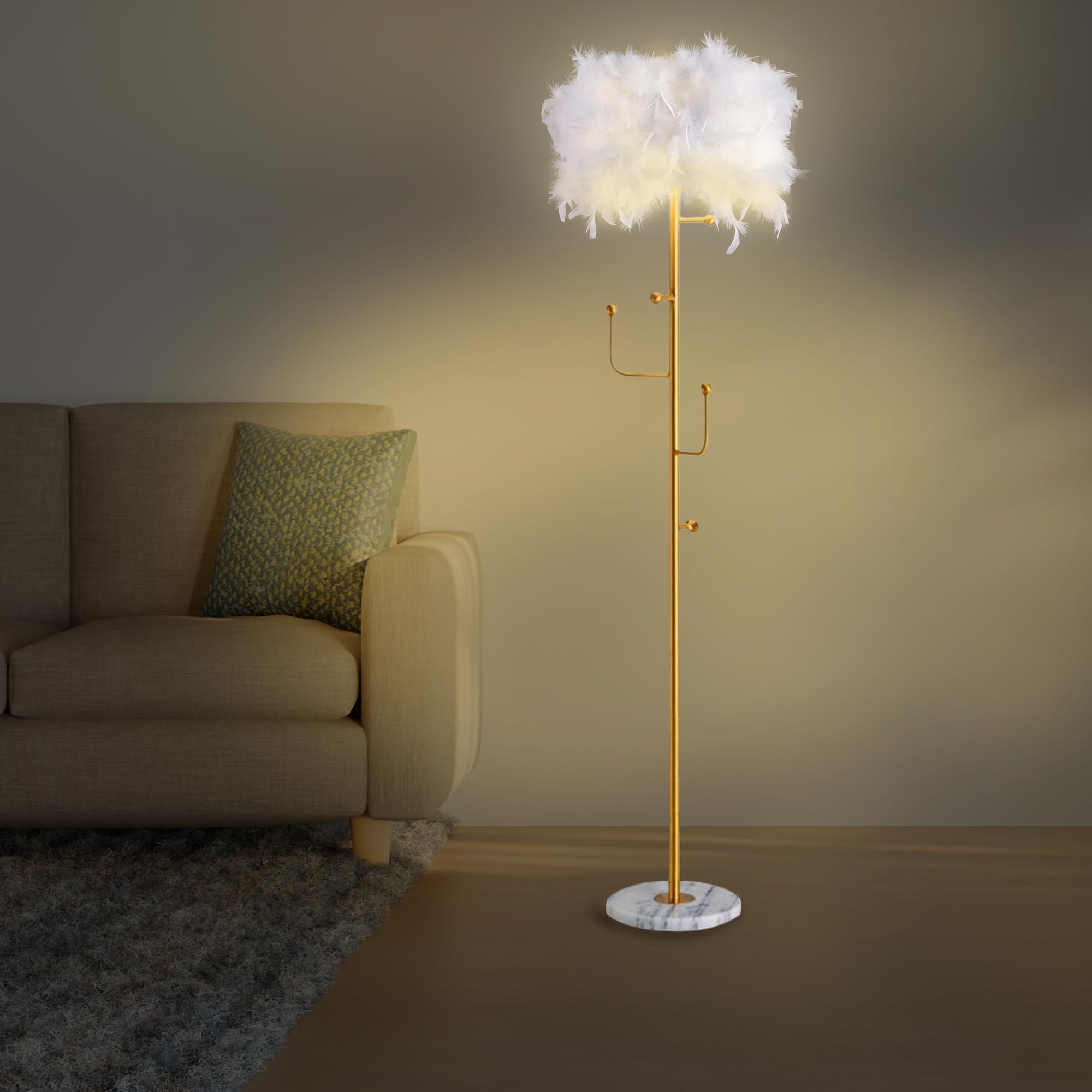 Floor Lamp White Natural Ostrich Unique Bedside Floor Lamps with Foot Switch Modern Gold Luxury LED Bulbs Resin Standing Light for Bedrooms Dining Room Living Room Kitchen 35 Pieces