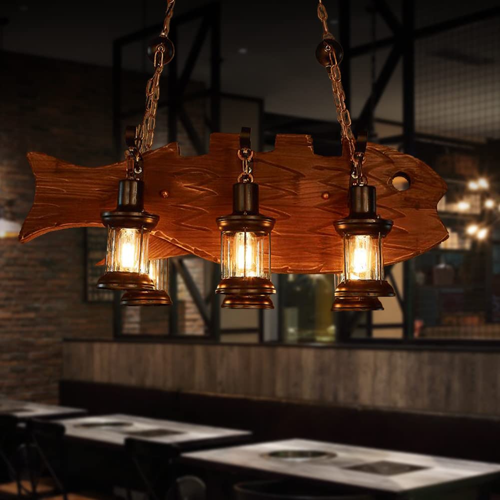 8 Lights Industrial Retro Wooden Chandelier Pendant Light Island Hanging Ceiling Fixture Vintage Farmhouse Wood Light Adjustable Chain for Home Cafe Bar Restaurant (39.4")