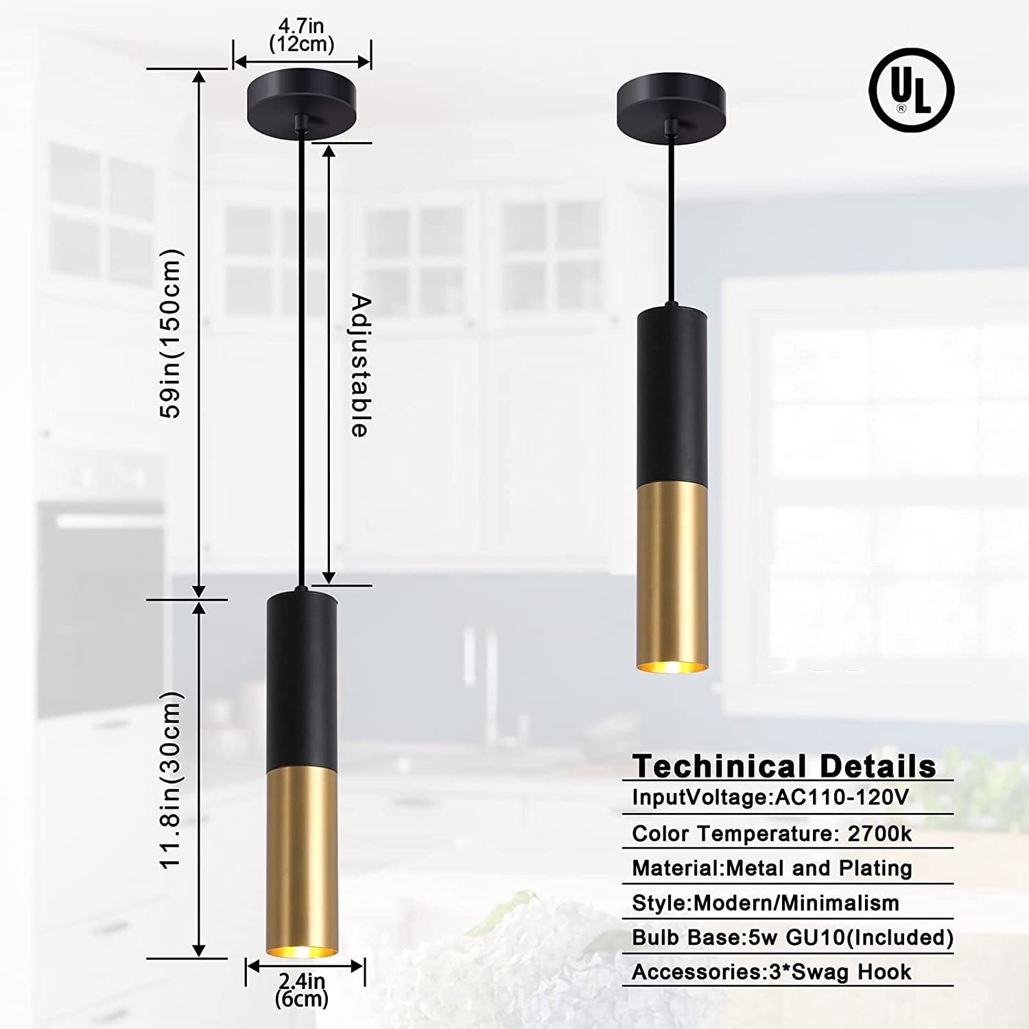 Modern Pendant Light Fixture for Kitchen Island,1-Light Black Gold Pendant Lighting Ceiling Hanging Light Cord Adjustable for Living Room Bedroom Bar (1 Pack)