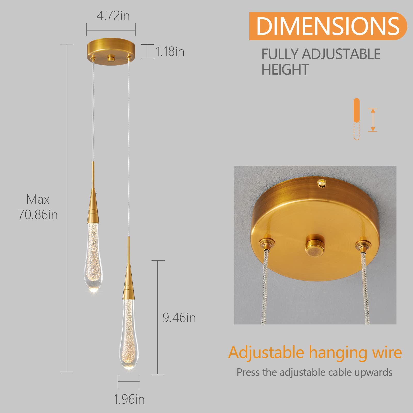 Kitchen Light Fixtures Ceiling Dimmable LED Modern Gold Pendant Light Mini Teardrop Crystal Pendant Light for Kitchen Island Bedroom Hallway Entryway (5-Light)