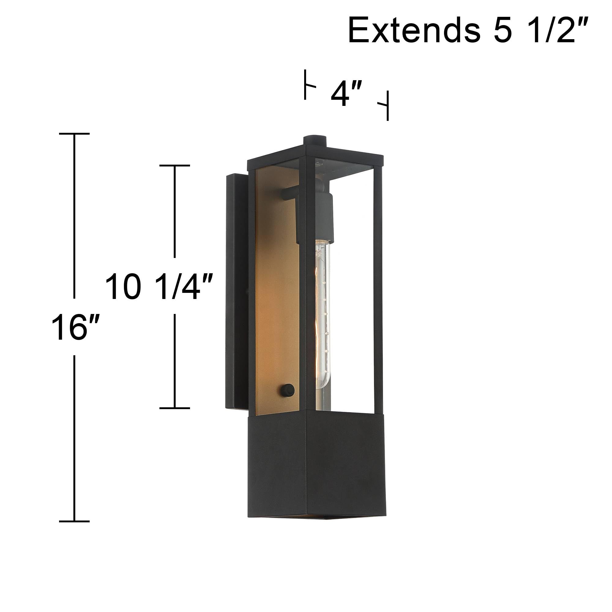 Modern Outdoor Wall Light Fixtures Set of 2 Textured Black Gold Metal Box Frame 16" Clear Glass Panels for Post Exterior Barn Deck House Porch Yard Patio Garage Garden