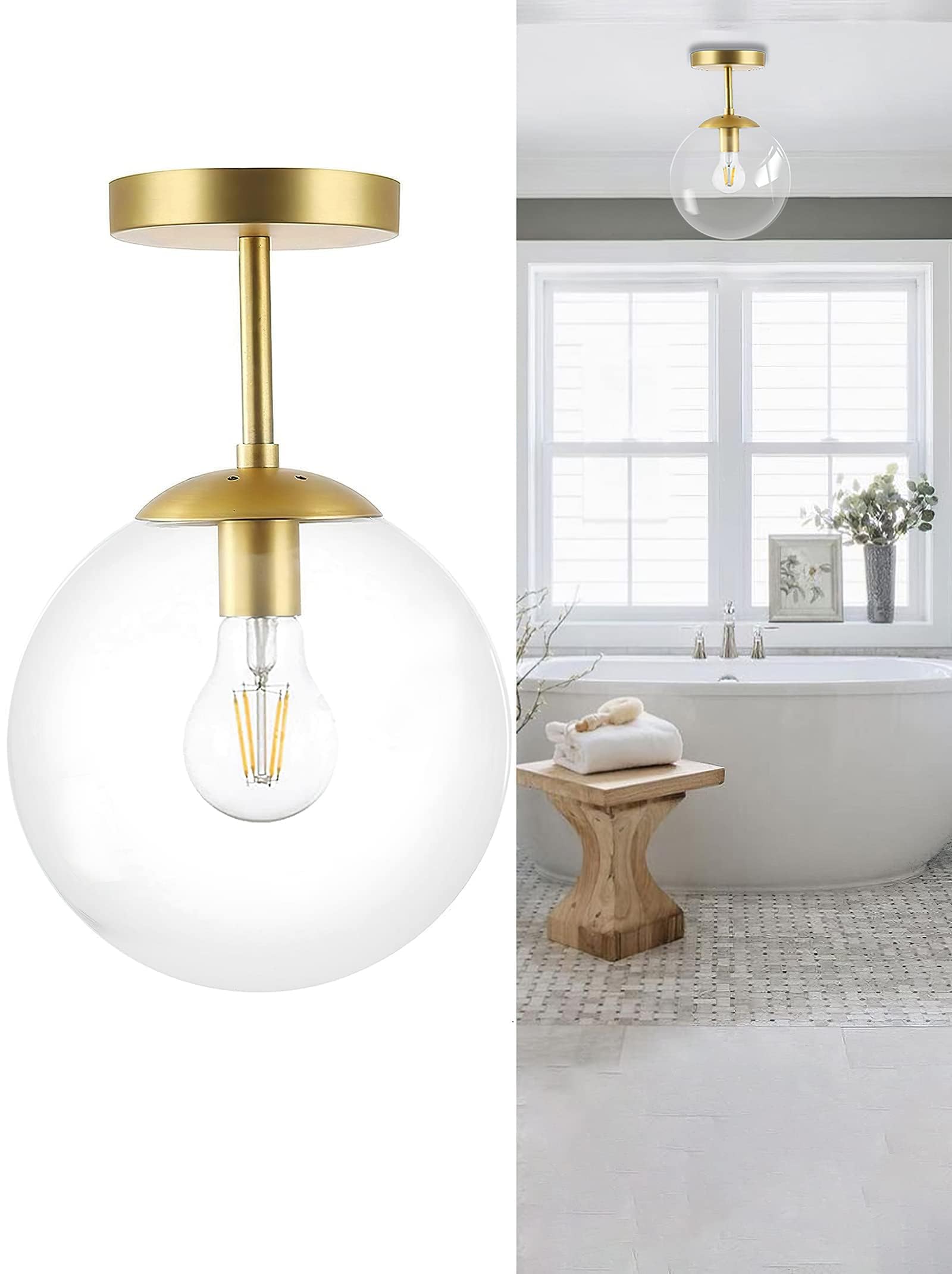 KoKo&Yukina 3-Light Semi Flush Mount Ceiling Light Globe Ceiling Light Mid Century Ceiling Light with Opal Milk Glass Globe & Brushed Brass for Bedroom Hallway Entryway Kitchen Living Room-Bulb Incl