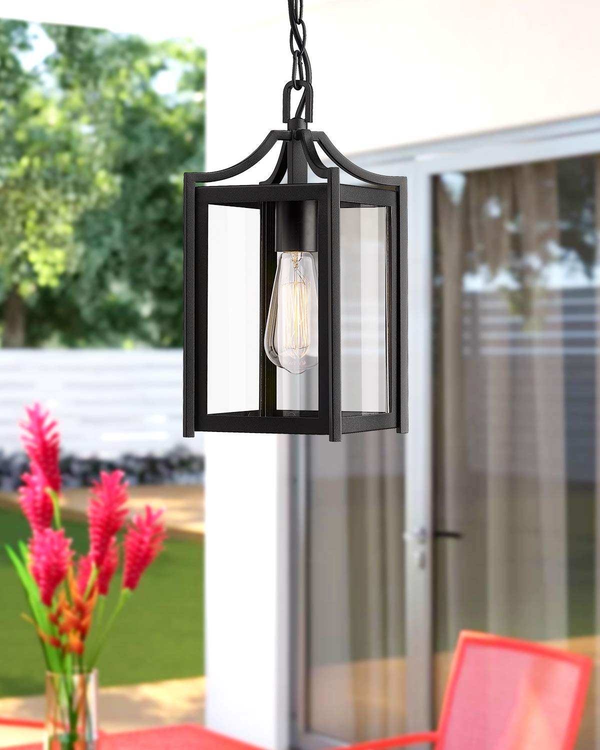 Outdoor Pendant Light, 14" Large Modern Outdoor Hanging Porch Light with Adjustable Chain, Exterior Outdoor Hanging Light in Black Finish and Clear Glass, 2439/1H