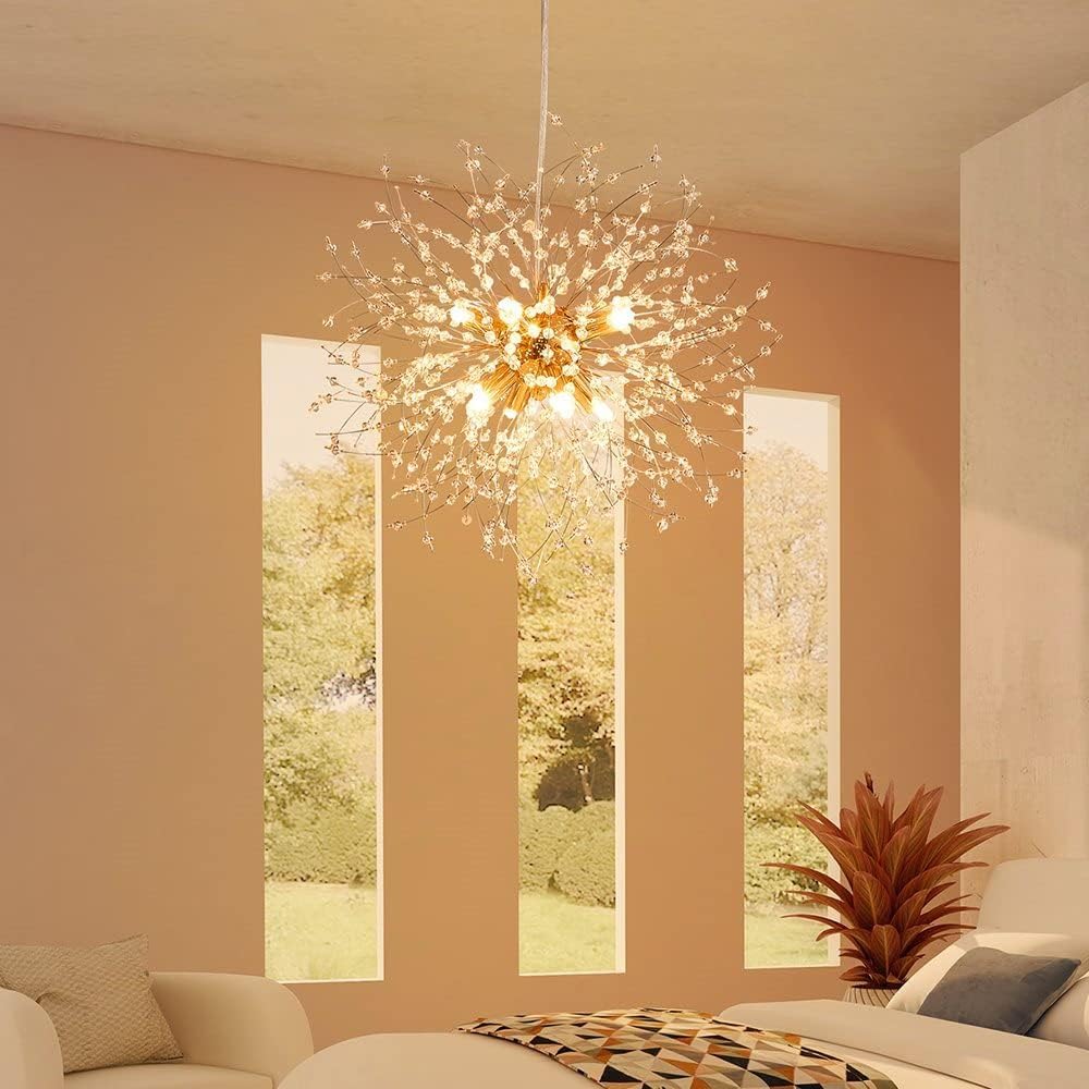 Dandelion Crystal Chandeliers, Modern Design, Firework Pendant Light Fixture for Living Space, H17'' x D17'', Adjustable Chains 59'', G9*9 Sockets, Brilliant Gold Finish Frame