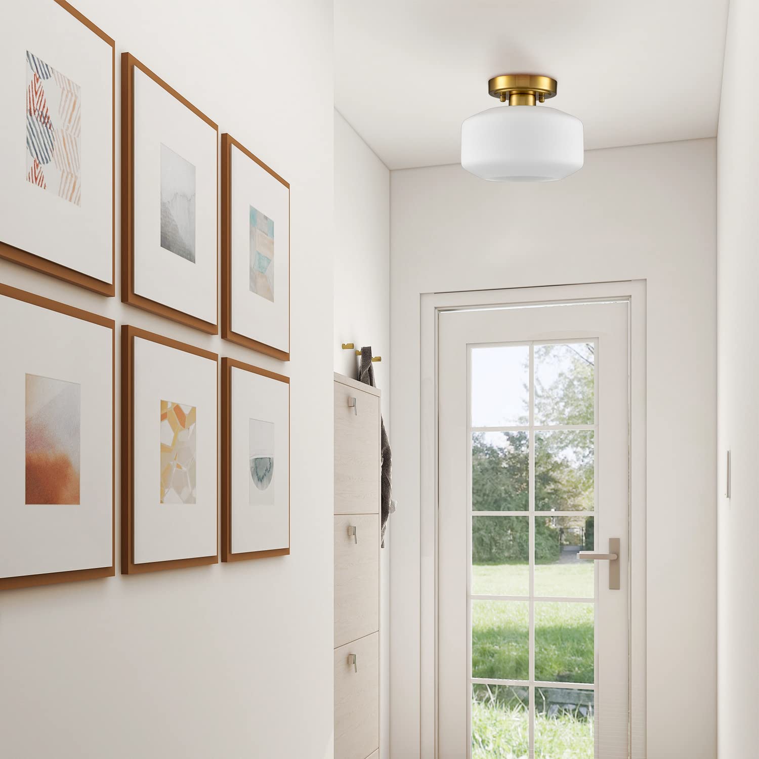 Modern Farmhouse Semi Flush Mount Ceiling Light Gold Hallway Light Fixture Ceiling Hung Opal Milk Glass Shade