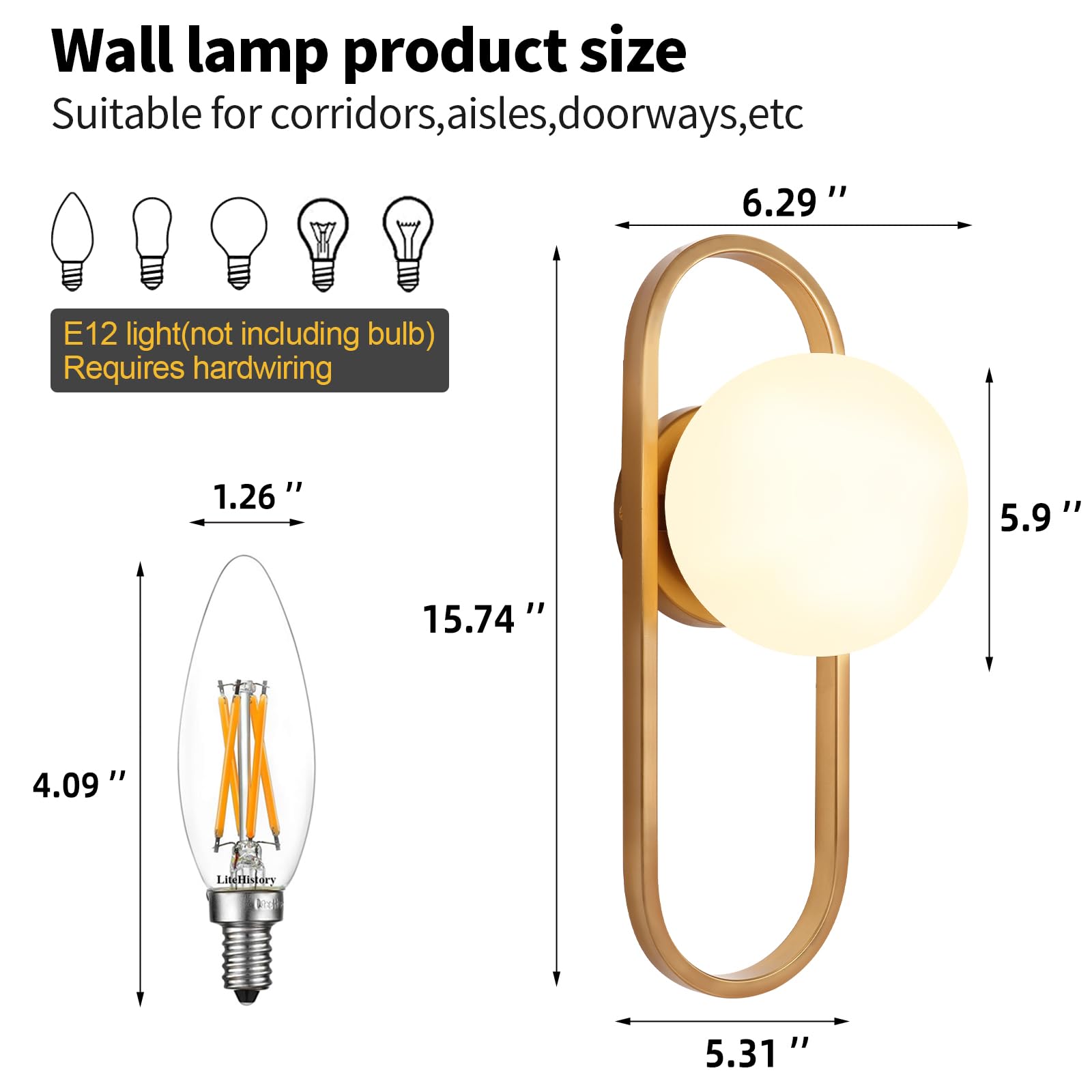 Wall Sconces Set of Two Gold Wall Lamp Sconces Wall Lighting with White Globe Glass Shade Wall Lights Sconces Wall Decor Set of 2 Wall Lights for Living Room Wall Lamps for Bedrooms Set of 2