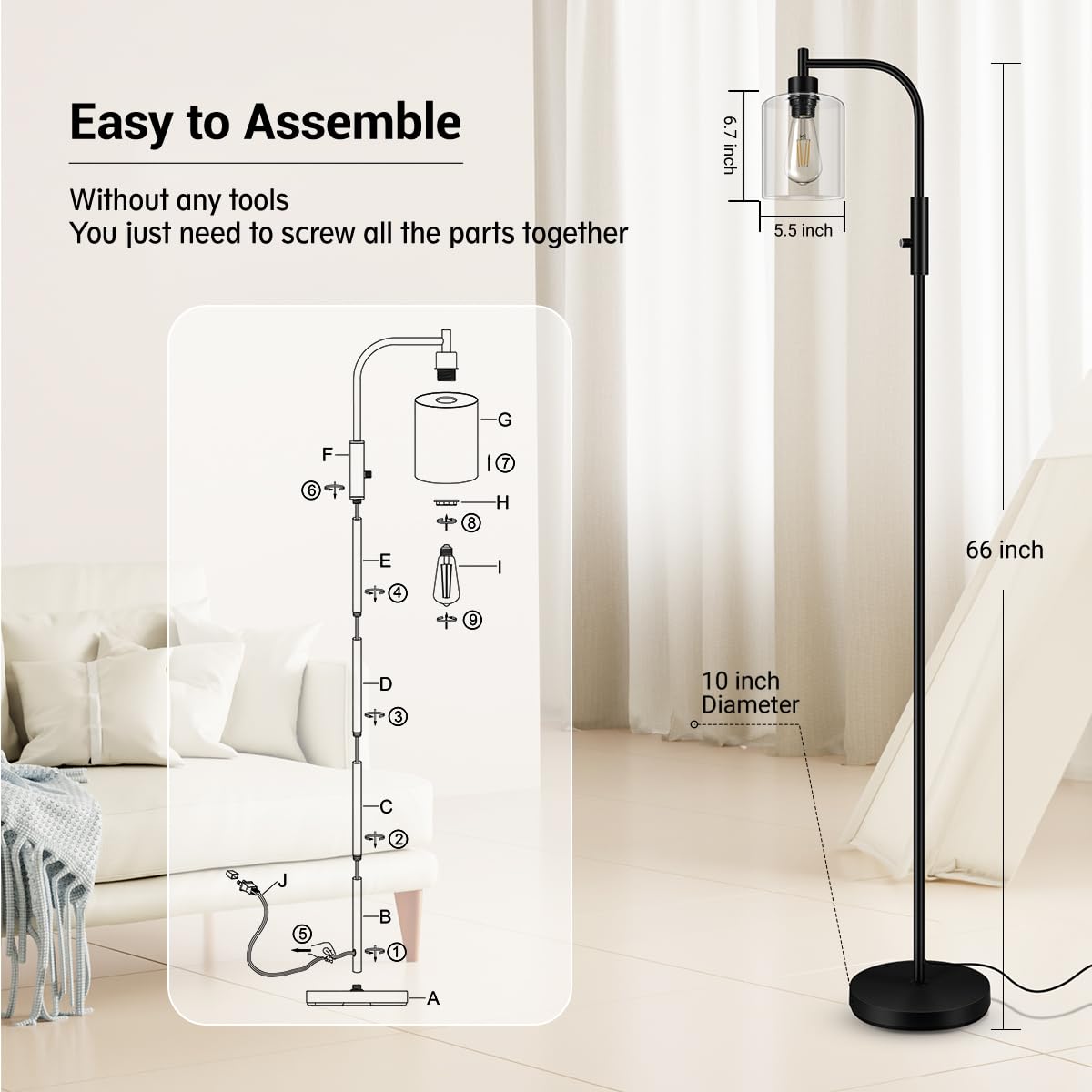 Floor Lamp, 6W Black Modern Floor Lamp with 4W Adjustable Reading Lamp, 2700K Energy-Saving LED Bulbs Included, Industrial Bright Floor Lamp for Bedroom, Living Room and Office